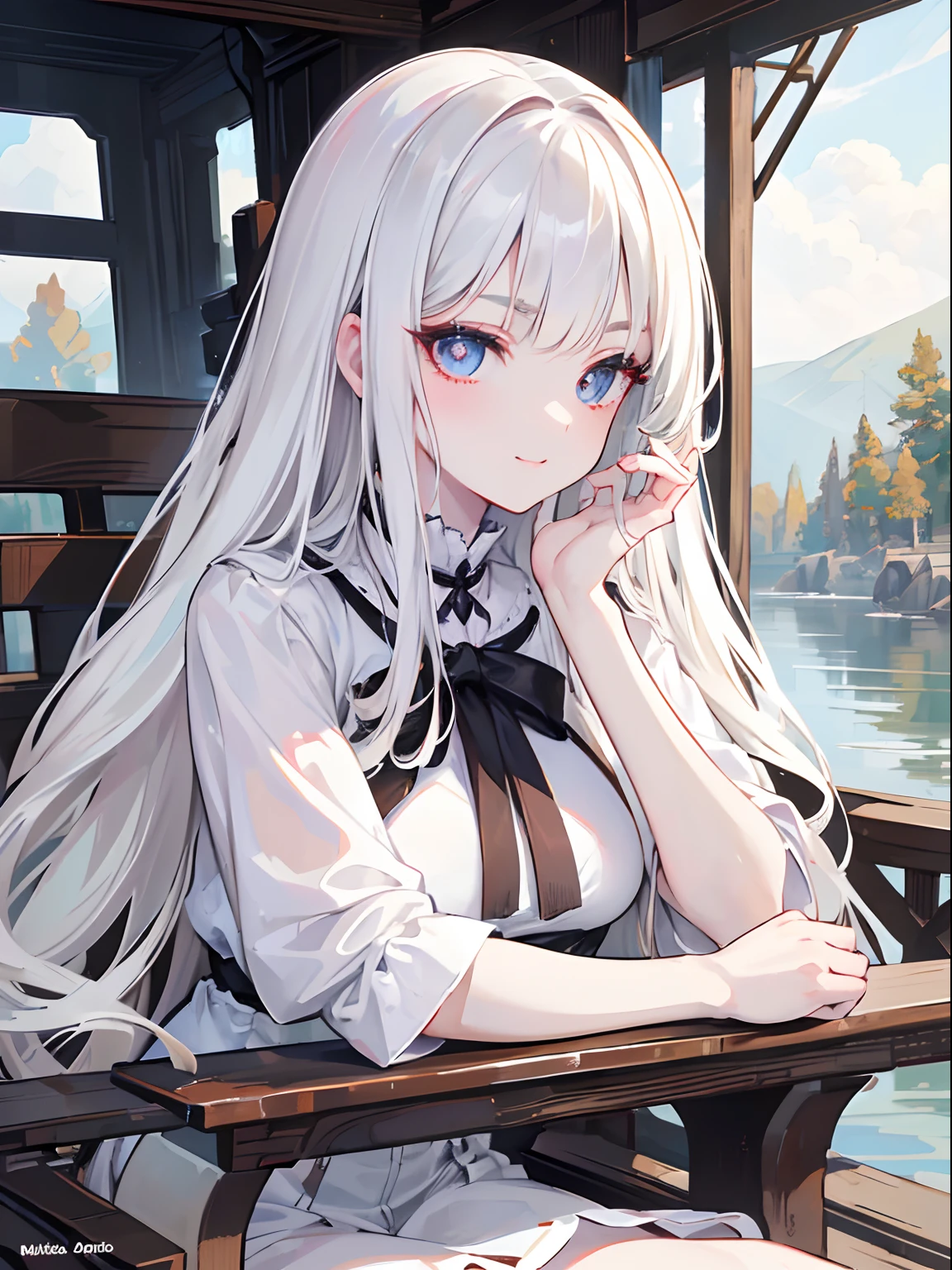 masutepiece, Highest Quality, (Perfect face:1.1), (high detailing:1.1), (ultradetailed eyes), Dramatic,  superfine illustration, Extremely detailed, 1girl in, (pale skin), long white hair, Ethereal eyes, (light eyebrow), ((ssmile)), Solo, Long hair, Pouty lips, Proud Expression, Cinematic lighting, Looking at Viewer, Cowboy Shot,plein air,Side Rower