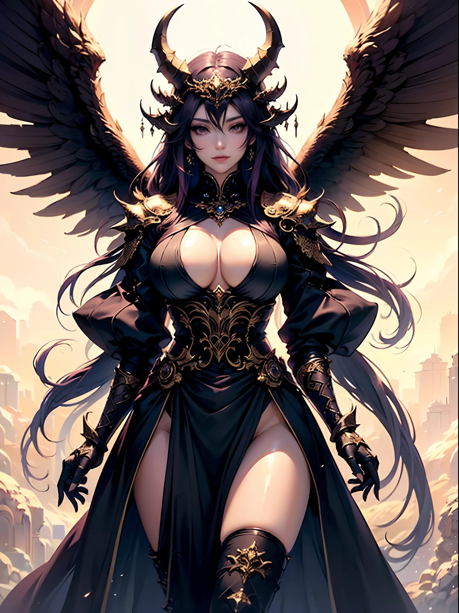 1girl, cowboy shot of a beautiful woman in the most intricate goddess of darkness gown, very pale skin, (large jet-black eyes : 1.6), evil smile, (jet-black-purple hair, long-curly hairstyle, huge draconic horns : 1.5), (2 pairs of large fallen angel wings : 1.6), ((heavy breasts, wide waist and huge buttocks, thigh gap)), looking at viewer, golden-light heavenly palace, (dim lighting), masterpiece, best quality, 8k