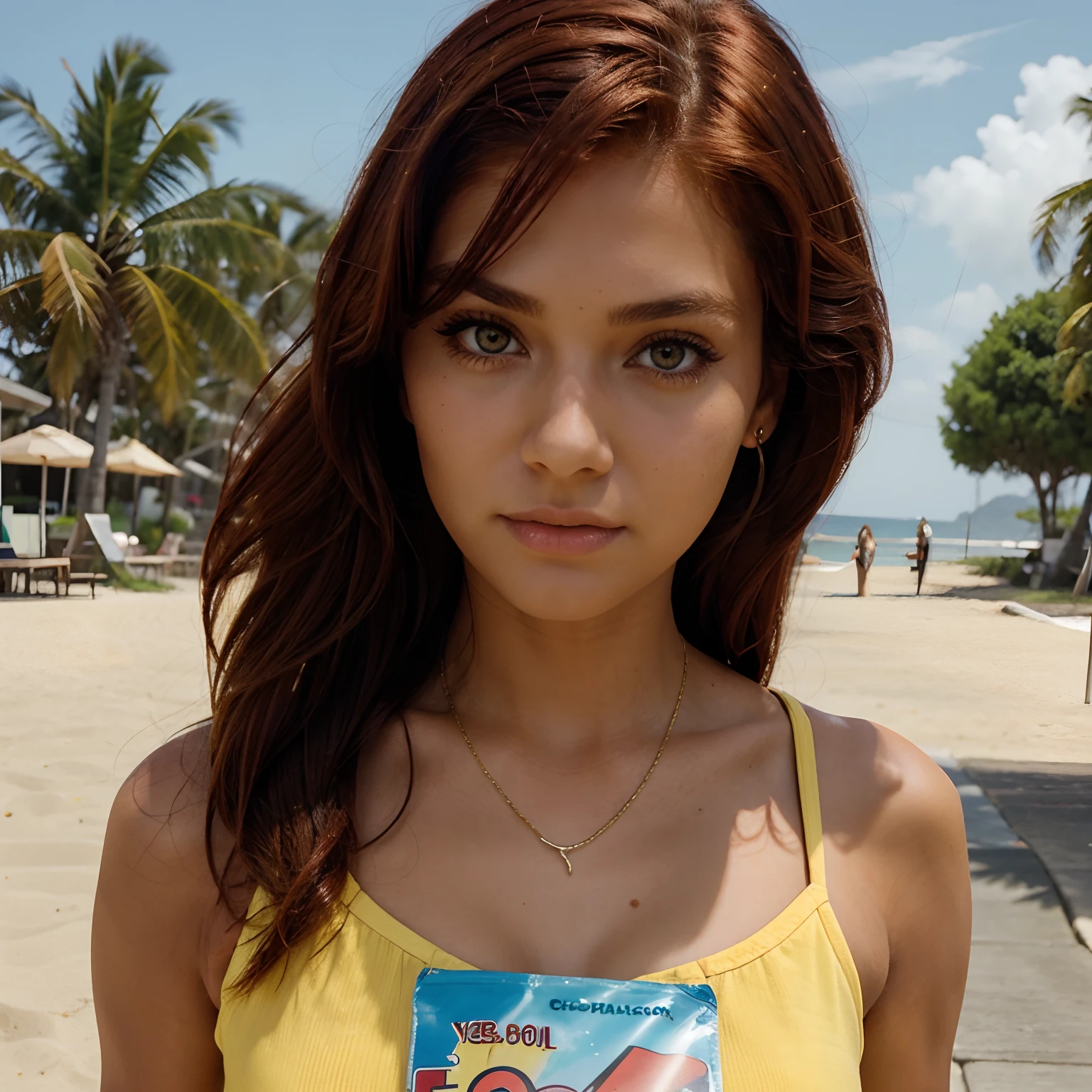 A girl with a beach tan and dark red hair. Having yellow eyes and long lashes. Wearing y2k clothes and holding a 2000s guess bag