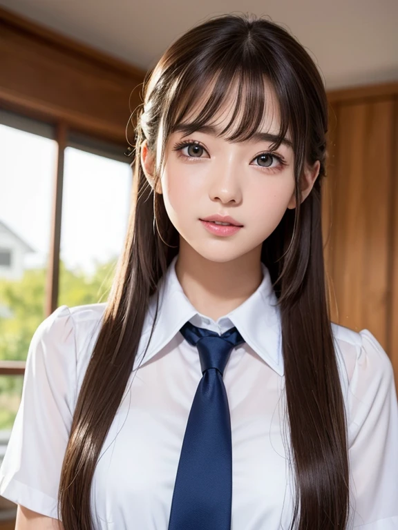 portlate、School Uniforms、bright expression、half updo 、A 24-year-old girl、Young shiny shiny white shiny skin、Best Looks、Natural brown hair with dazzling highlights、shiny light hair,、Super long silky straight hair、Beautiful bangs that shine、Blunt bangs、Glowing crystal clear attractive big blue eyes、Very beautiful nice cute 16 year old girl、Lush bust、Dynamic Pose