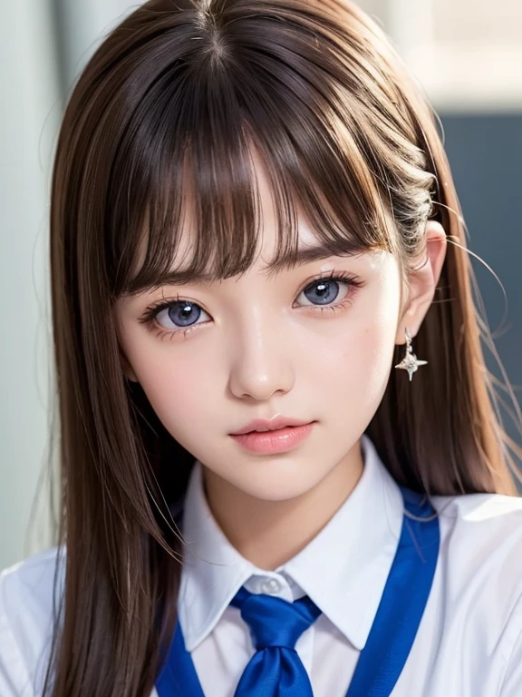 portlate、School Uniforms、bright expression、half updo 、A 24-year-old girl、Young shiny shiny white shiny skin、Best Looks、Natural brown hair with dazzling highlights、shiny light hair,、Super long silky straight hair、Beautiful bangs that shine、Blunt bangs、Glowing crystal clear attractive big blue eyes、Very beautiful nice cute 16 year old girl、Lush bust、Dynamic Pose