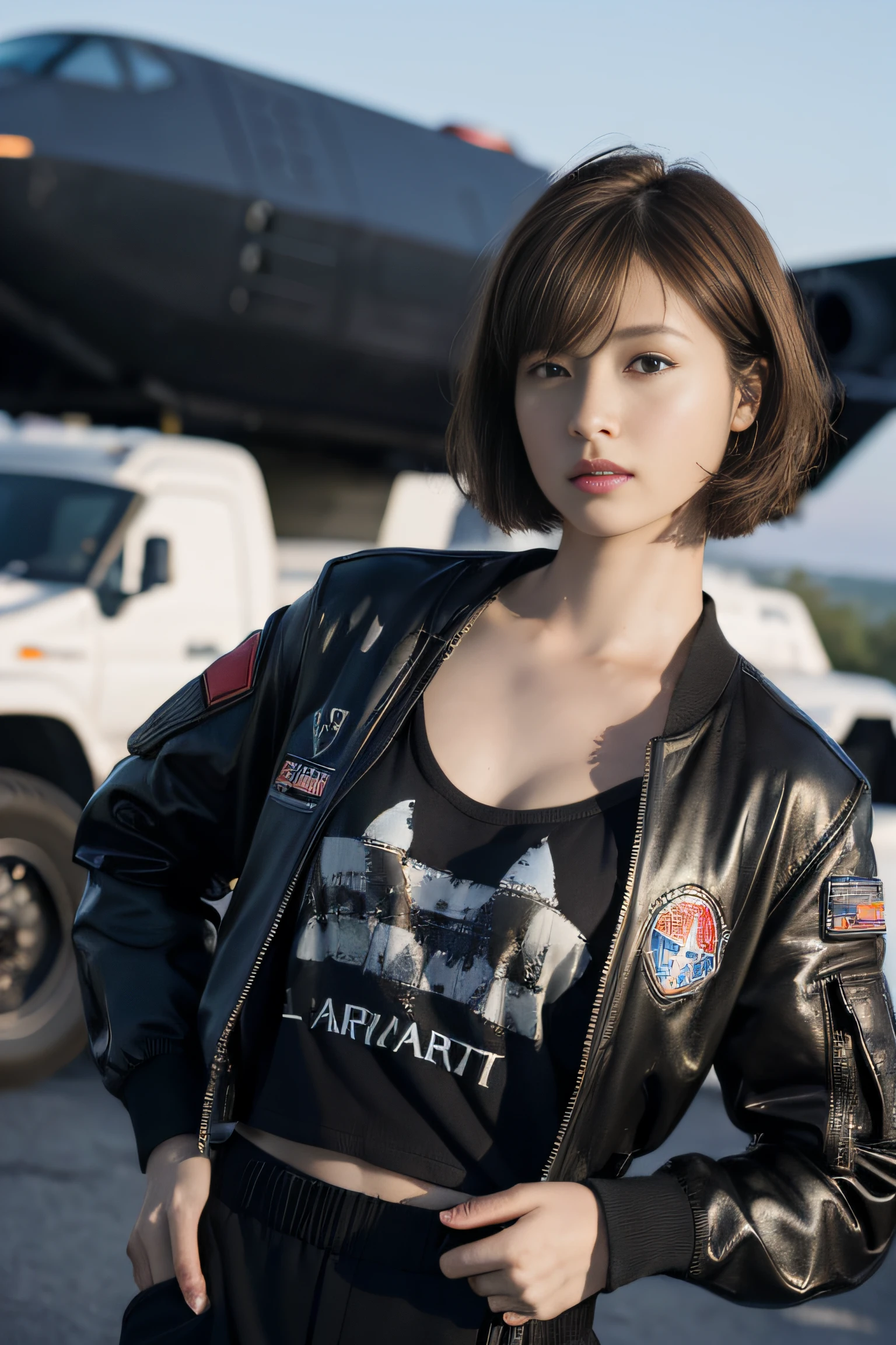 (masterpiece:1.2), ultra detailed, ultra high res, (realistic, photo realistic:1.37), high detail RAW color photo, professional photograph, extremely detailed face, extremely detailed eyes, extremely detailed skin, extremely detailed fingers, highly detailed nose, highly detail mouth, Perfect Anatomy, Highly detailed background, (a famous actress of Japan), (gals:1.3), (flat chest:1.4), brown race, dark skin, blonds hair, very shortcut hair, futuristic technology background, (future war vehicle in the background:1.5), (wearing black air bomber jacket with many patches, t-shirt with less cloth, cargo pants:1.2), any pose,