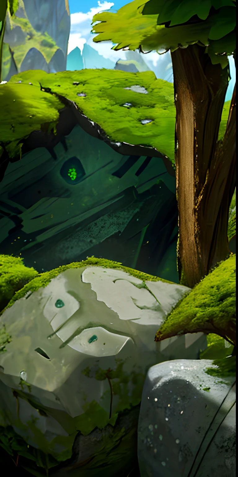 (big rock, big stone:1.2), plant, moss
