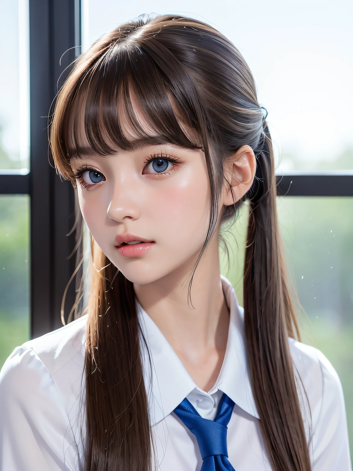 portlate、School Uniforms、bright expression、poneyTail、Young shiny shiny white shiny skin、Best Looks、Natural brown hair with dazzling highlights、shiny light hair,、Super long silky straight hair、Beautiful bangs that shine、Blunt bangs、Glowing crystal clear attractive big blue eyes、Very beautiful nice cute girl、Lush bust