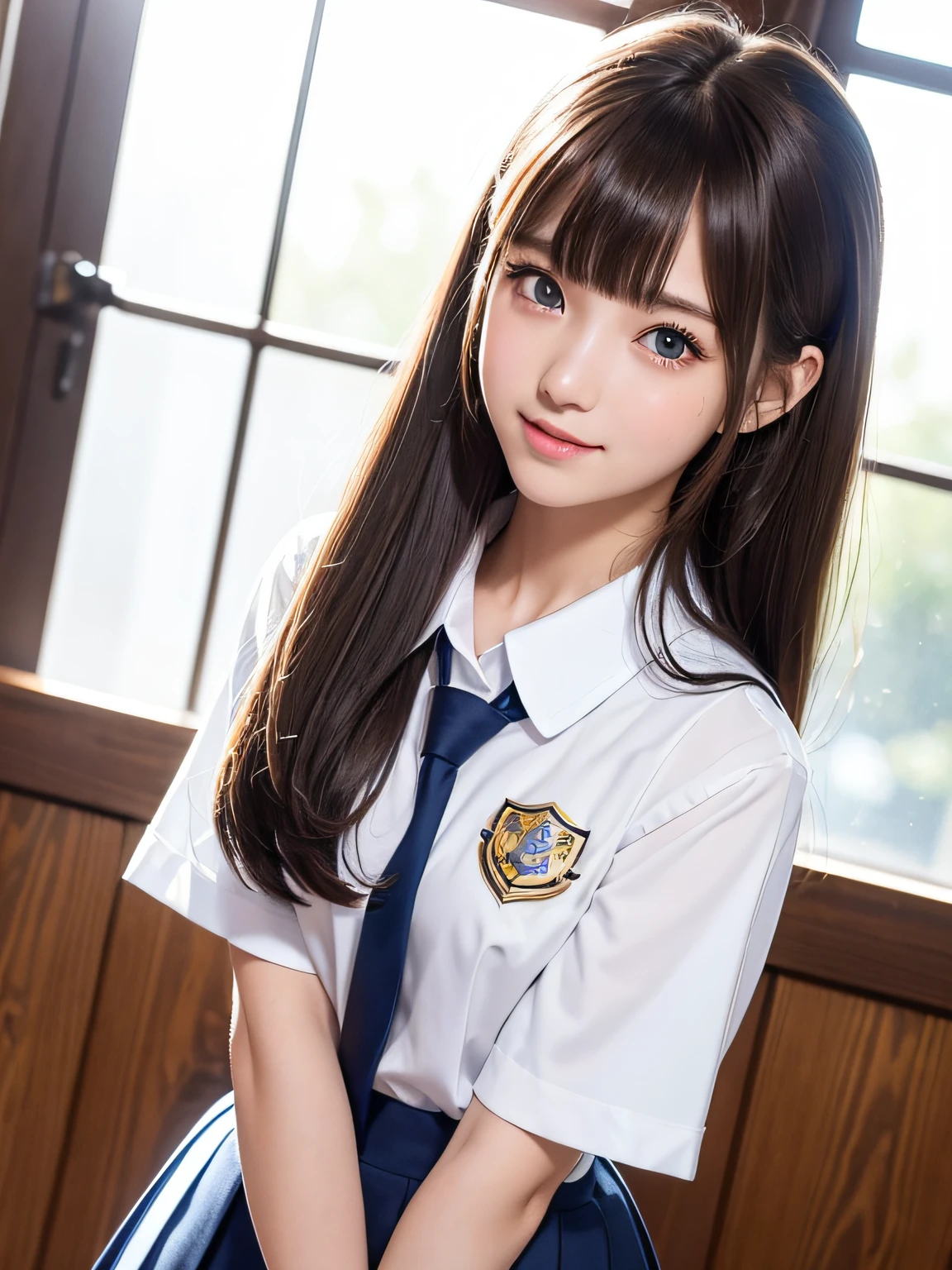 portlate、School Uniforms、bright expression、poneyTail、Young shiny shiny white shiny skin、Best Looks、Natural brown hair with dazzling highlights、shiny light hair,、Super long silky straight hair、Beautiful bangs that shine、Blunt bangs、Glowing crystal clear attractive big blue eyes、Very beautiful nice cute  girl、Lush bust