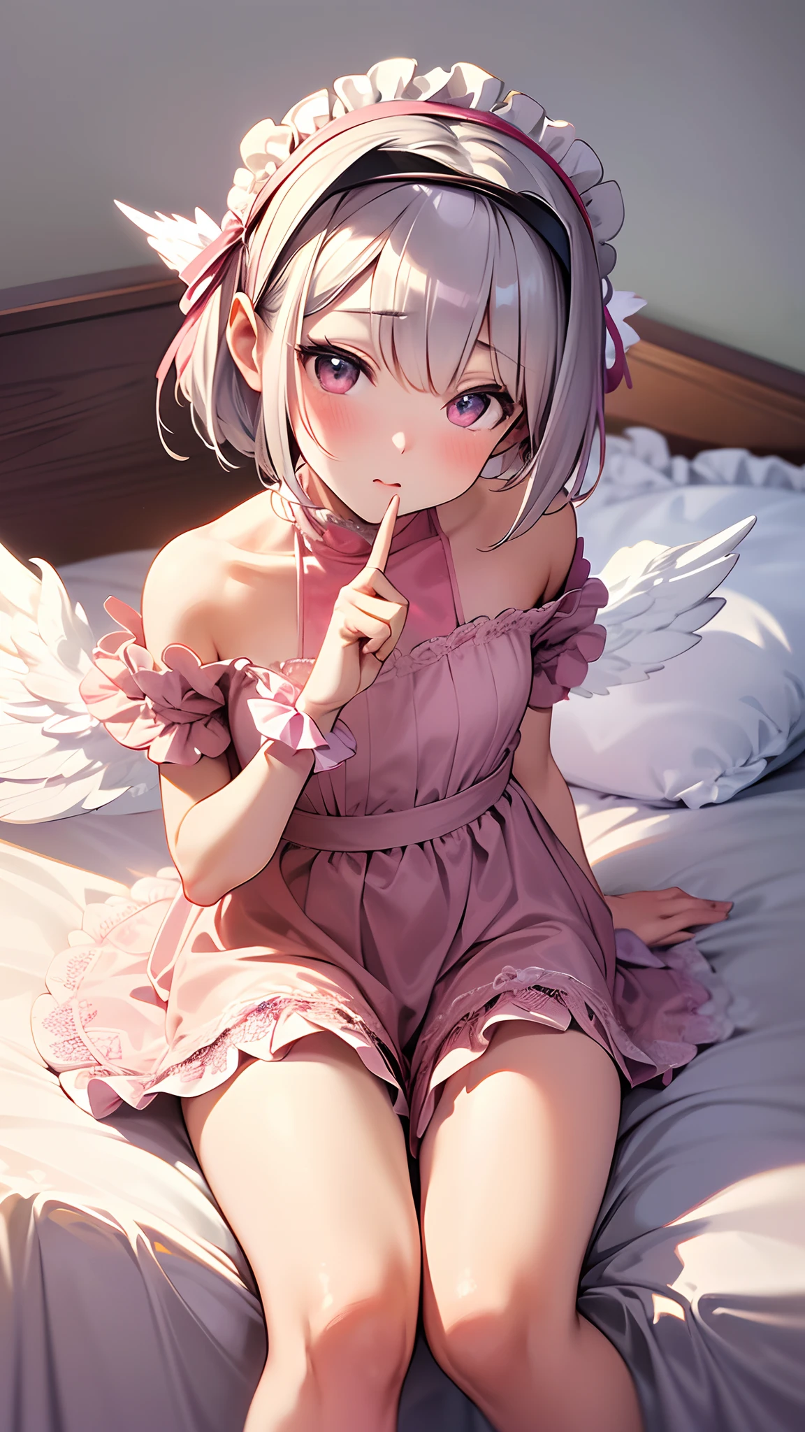 (​masterpiece),(Top image quality),hight resolution,(Dainty and cute),(ighly detailed), 1girl, 独奏,illustratio,Fantasia,Angel Girl,Simple Angel Wings,Short gray hair,Cute outfit with pink ruffles,Heart eye,on the beds,Sitting and looking up,Black headband,A little erotic