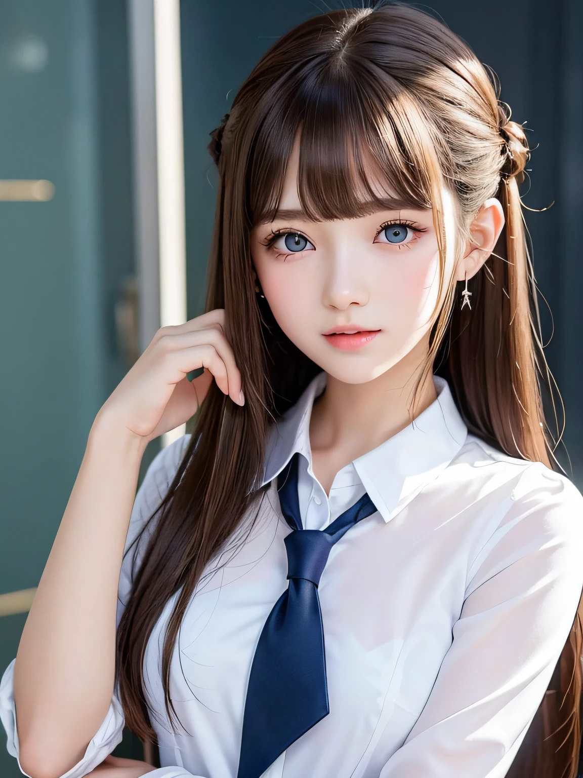 portlate、School Uniforms、bright expression、half updo 、Young shiny shiny white shiny skin、Best Looks、Natural brown hair with dazzling highlights、shiny light hair,、Super long silky straight hair、Beautiful bangs that shine、Blunt bangs、Glowing crystal clear attractive big blue eyes、Very beautiful nice cute girl、Lush bust