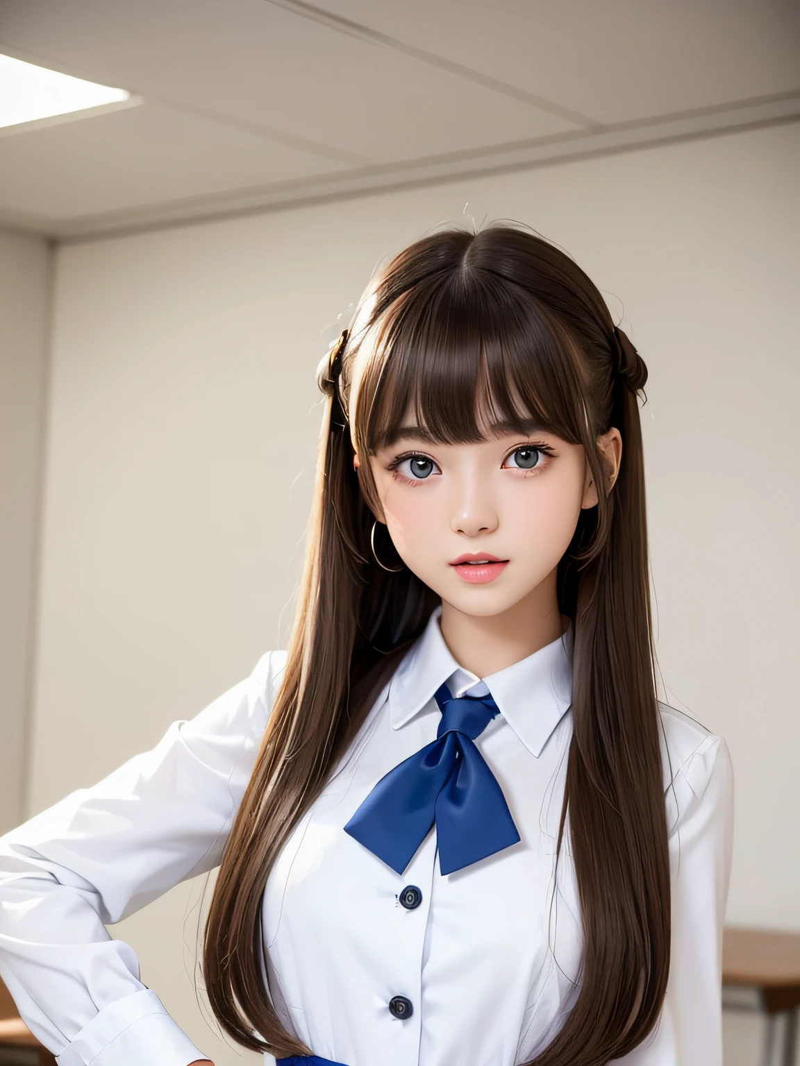 portlate、School Uniforms、bright expression、half updo 、Young shiny shiny white shiny skin、Best Looks、Natural brown hair with dazzling highlights、shiny light hair,、Super long silky straight hair、Beautiful bangs that shine、Blunt bangs、Glowing crystal clear attractive big blue eyes、Very beautiful nice cute girl、Lush bust