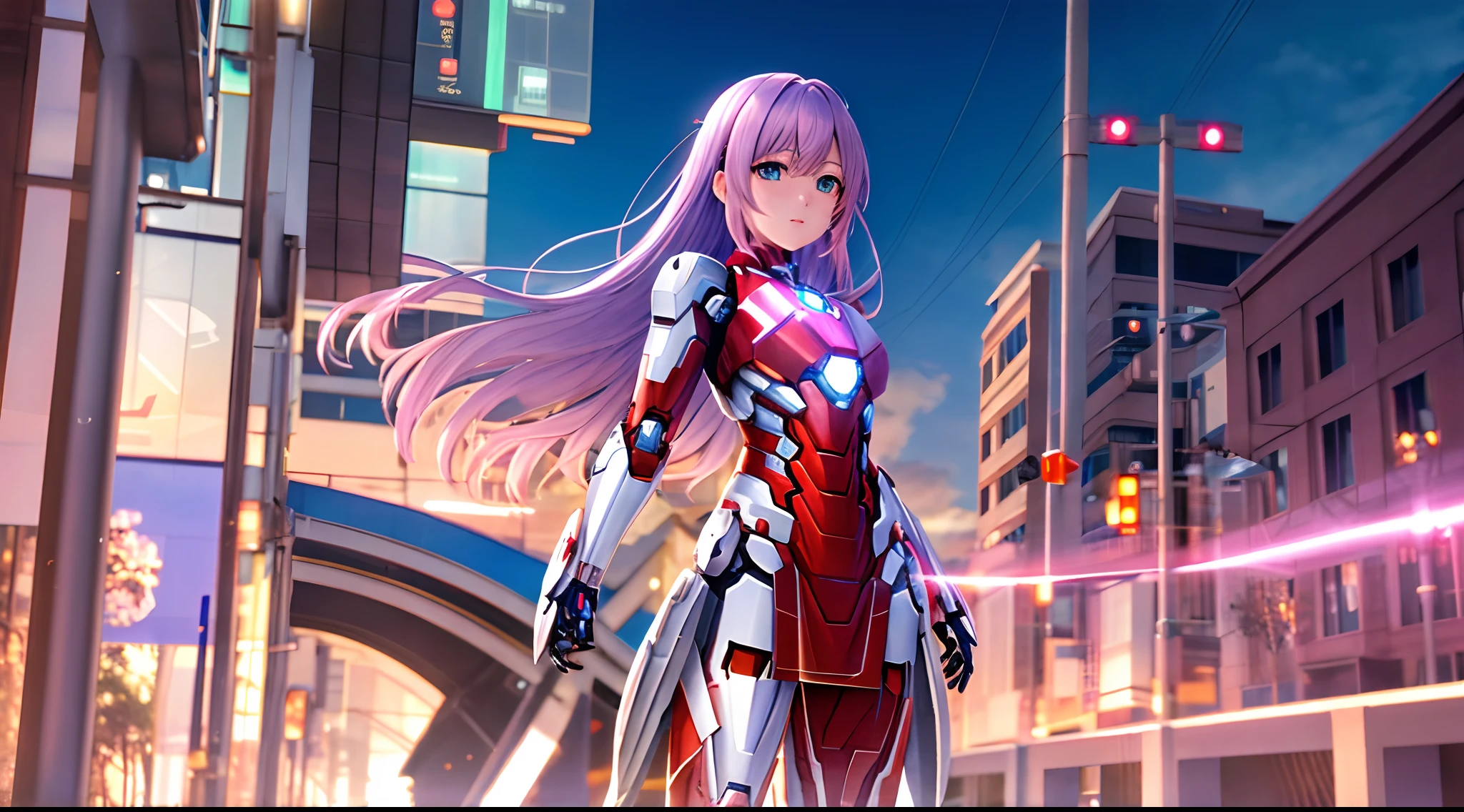 Athena with plain long light purple hair,hair between eyes,green eyes,rosy cheeks,full lips,thin eyebrows,slender body,wearing cybernetic iron man armor and full long skirt,cute anime girl,full body,futuristic city streets in background,anime style,extremely deep depth of field,Lumen Reflections,Screen Space Reflections,Diffraction Grading,Chromatic Aberration,GB Displacement,Scan Lines,Ray Traced,Anti-Aliasing,FXAA,TXAA,RTX,SSAO,Shaders,OpenGL-Shaders, GLSL-Shaders,Post Processing,Post-Production,cell Shading,Tone Mapping,CGI,VFX,SFX,insanely detailed and intricate, 4K,standing, solo, masterpiece, best quality, detailed face, detailed eyes, highres, standing, solo,masterpiece, best quality