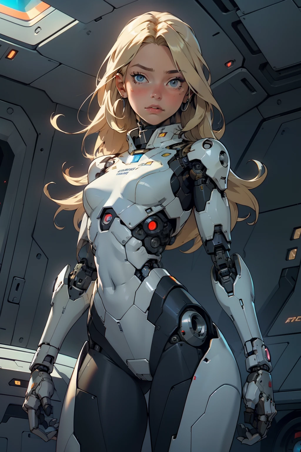 high quality, 4k, masterpiece, beautiful, cyborg girl, cowboy shot, dull eyes, looking at viewer, long blonde hair, girl, small breasts, fit thigh, robotic arms, robotic body, cyborg body, intricate detail, joint, detailed lines, robotic detail, holding fist up, holding hand up as fist, color robotic parts, robotic parts with color, perfect fingers, inside a spaceship
