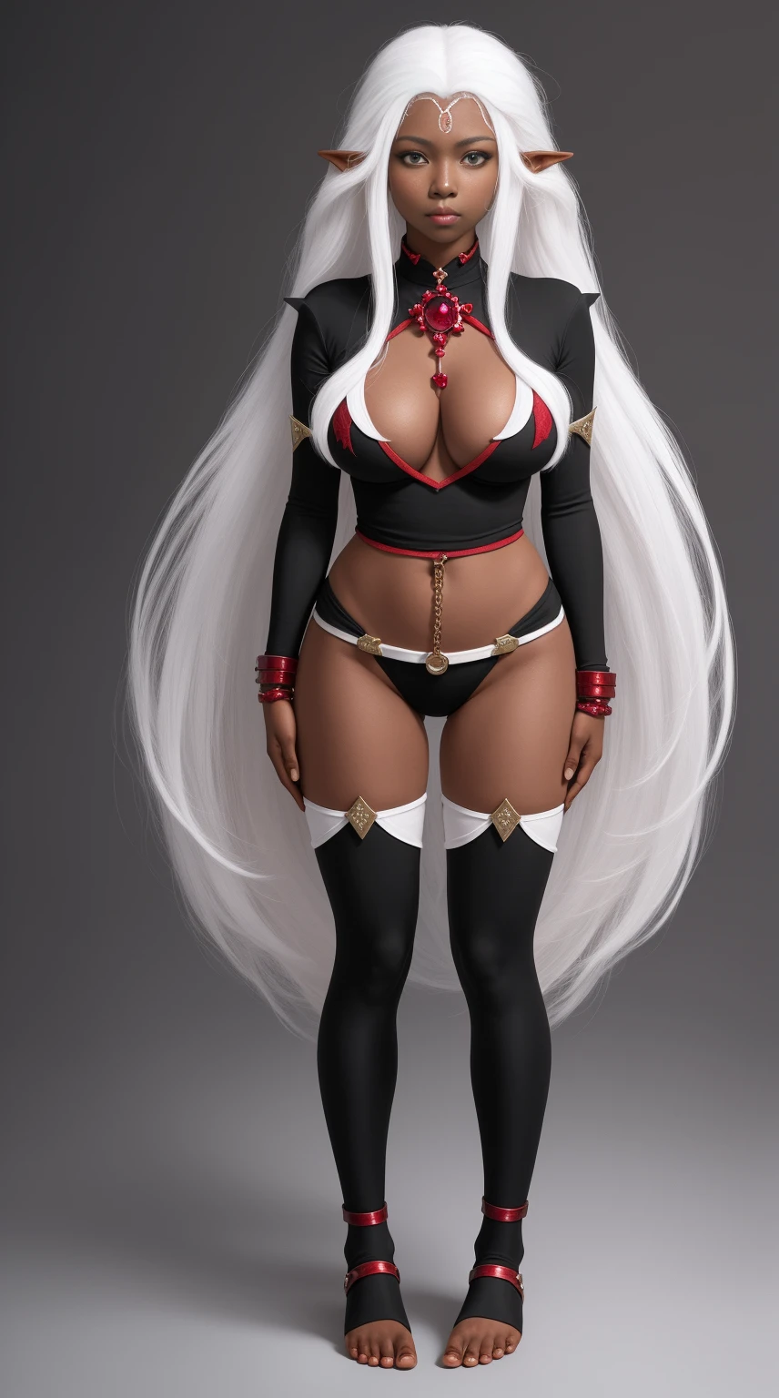 full body standing symmetrical barefeet ((black skin elf girl))), (((red ruby eyes))), (((long white hair))), (((breasts:1.2))), (((solo))), shackles on legs and arms together