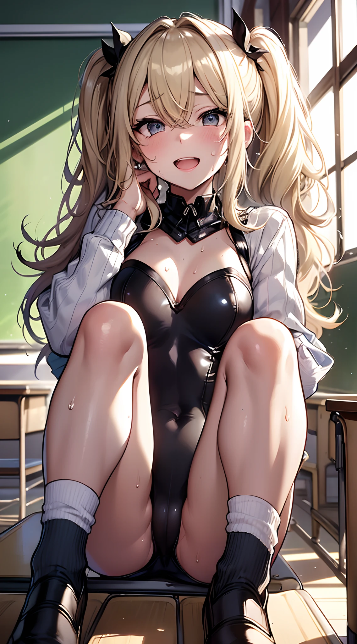 top-quality、supreme1People Girls,hightquality,A detailed face、A detailed eye、Detailed nose、Detailed mouth、 Beautiful expression, ((masuter piece)), ((High resolution)), ((Best Quality)), detail, (cum faced、Excited face.Very happy,), ((Skin shiny with sweat)), (Leotard:1.6、Loose socks)、 girl with, a blond, (Half Twin Tail)、sit down and open legs:1.3、fair white skin:1.3、、Smaller chest, cinmatic lighting, perfectly shaded,(((Classroom))), Realistic lighting with shades,Reflecting the whole body