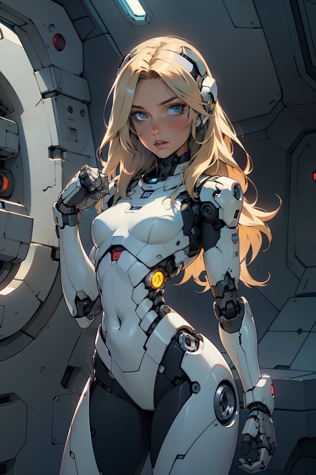 high quality, 4k, masterpiece, beautiful, cyborg girl, cowboy shot, dull eyes, looking at viewer, long blonde hair, girl, small breasts, fit thigh, robotic arms, robotic body, cyborg body, intricate detail, joint, detailed lines, robotic detail, holding fist up, holding hand up as fist, color robotic parts, robotic parts with color, perfect fingers, inside a spaceship