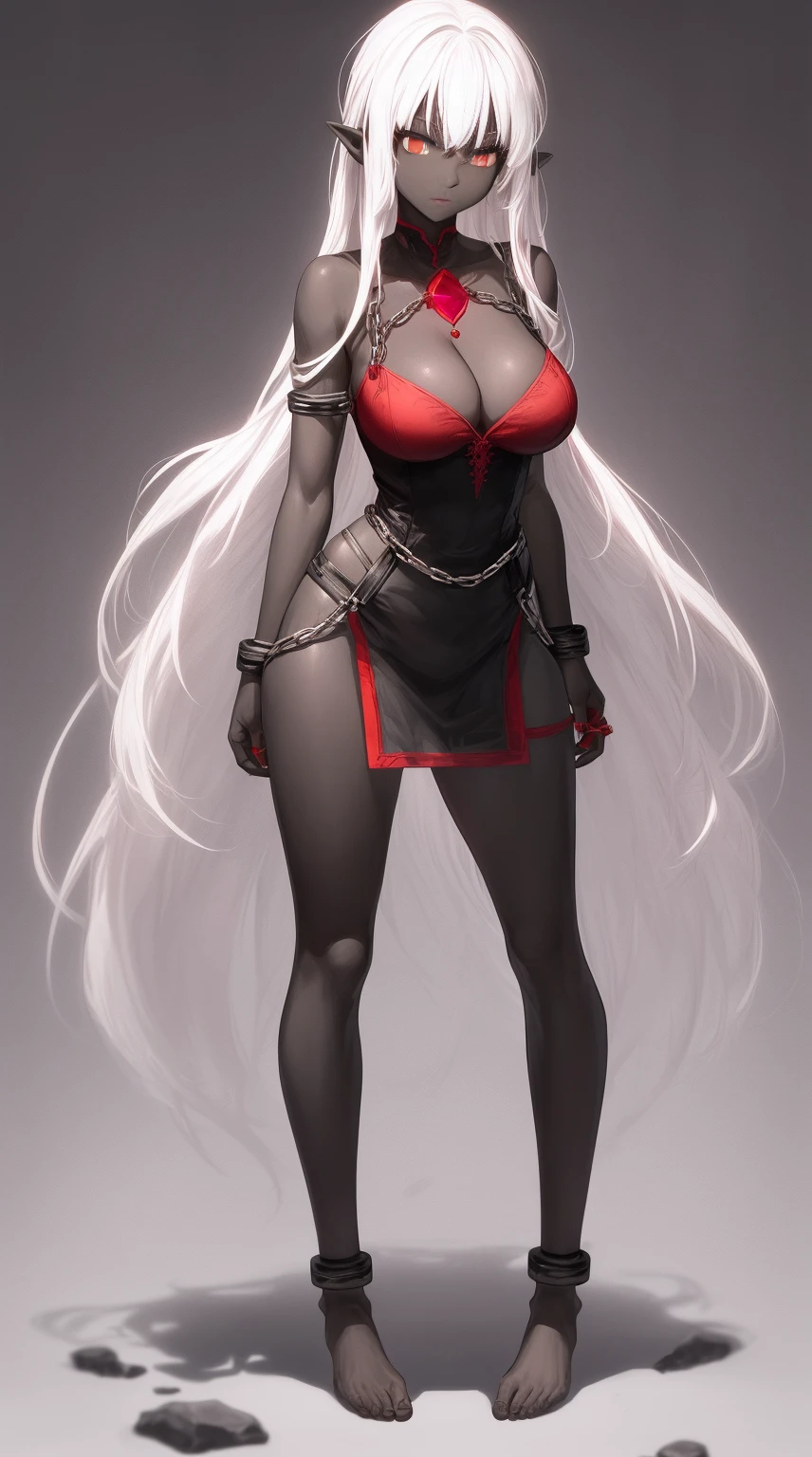full body standing symmetrical barefeet ((black skin elf girl))), (((red ruby eyes))), (((long white hair))), (((breasts:1.2))), (((solo))), shackles on legs and arms together