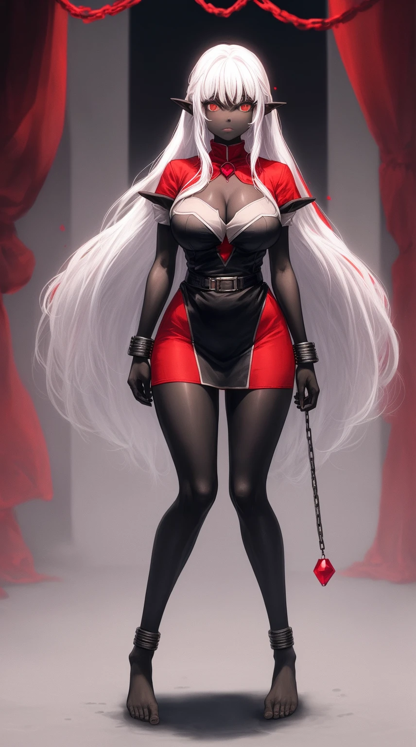 full body standing symmetrical barefeet ((black skin elf girl))), (((red ruby eyes))), (((long white hair))), (((breasts:1.2))), (((solo))), shackles on legs and arms together