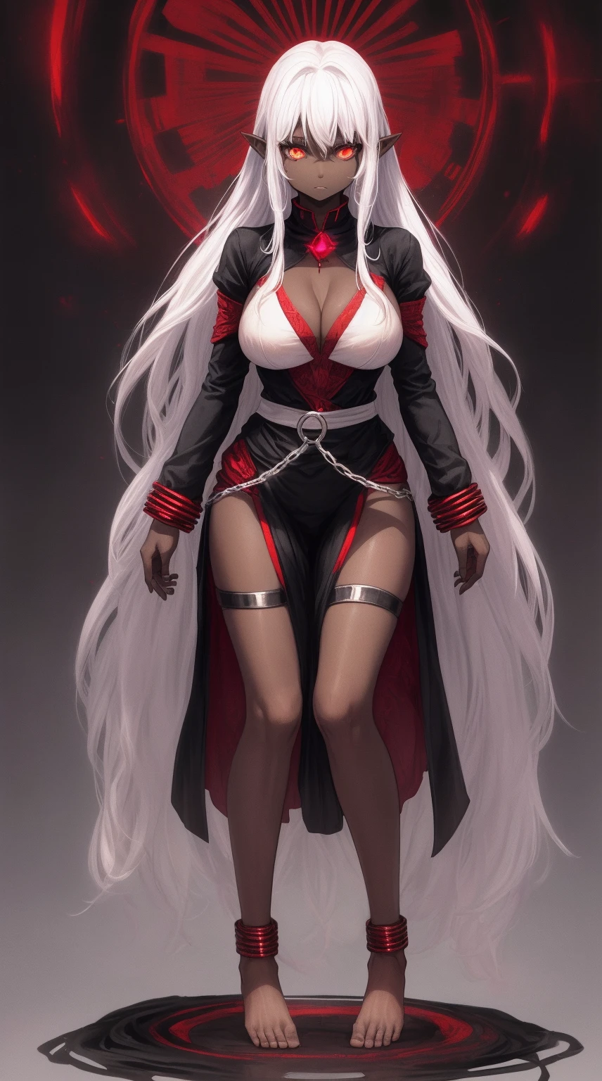 full body standing symmetrical barefeet ((black skin elf girl))), (((red ruby eyes))), (((long white hair))), (((breasts:1.2))), (((solo))), shackles on legs and arms together