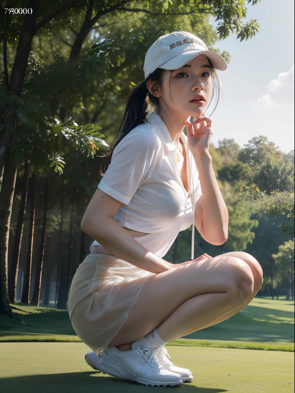 1girl solo, beautiful, (8K, Raw photo, Best Quality:1.2), (Realistic, Photorealsitic:1.37), Ultra-detailed, professional golf player, in golf field, pale white skin, shiny skin, wet skin, sweating, pony tail hair, wet hair, big boobs, deep cleavage, nipple poke, booty, deep camel toe, long legs, (white cap, wet soaked white thin see through bra, mini pink layered skirt, skirt go up to the waist, show the buttocks, wet soaked micro thong, camel toe, white sneakers), (Detailed beautiful face), (Detailed realistic skin), seducing, confident, squatting, spread thighs, aiming at the golf hole, raise buttocks, view from below, 
(8K, Best Quality, mastepiece:1.2), ( Photorealsitic:1.37), Ultra-detailed,Best Quality, high resolution, Professional Lighting,Physically-based rendering,  photo realistic, dynamic lighting, artstation, poster, volumetric lighting, very detailed faces, 4 k, award winning, vivid lighting, dynamic shot, girl in Golf Competition Venue, depth of fields, Sharp Focus,