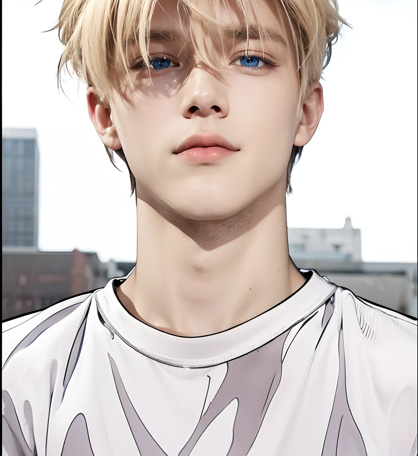 A man with realistic blonde hair, exactly the same hairstyle, realistic blue eyes, realistic handsome face, realistic cool expression, realistic expression of wanting to have sexual relations,Realistic seductive expression, realistic white t-shirt, realistic light, realistic shadow, realistic background,Medium lighting, not too bright, not too dark realistic