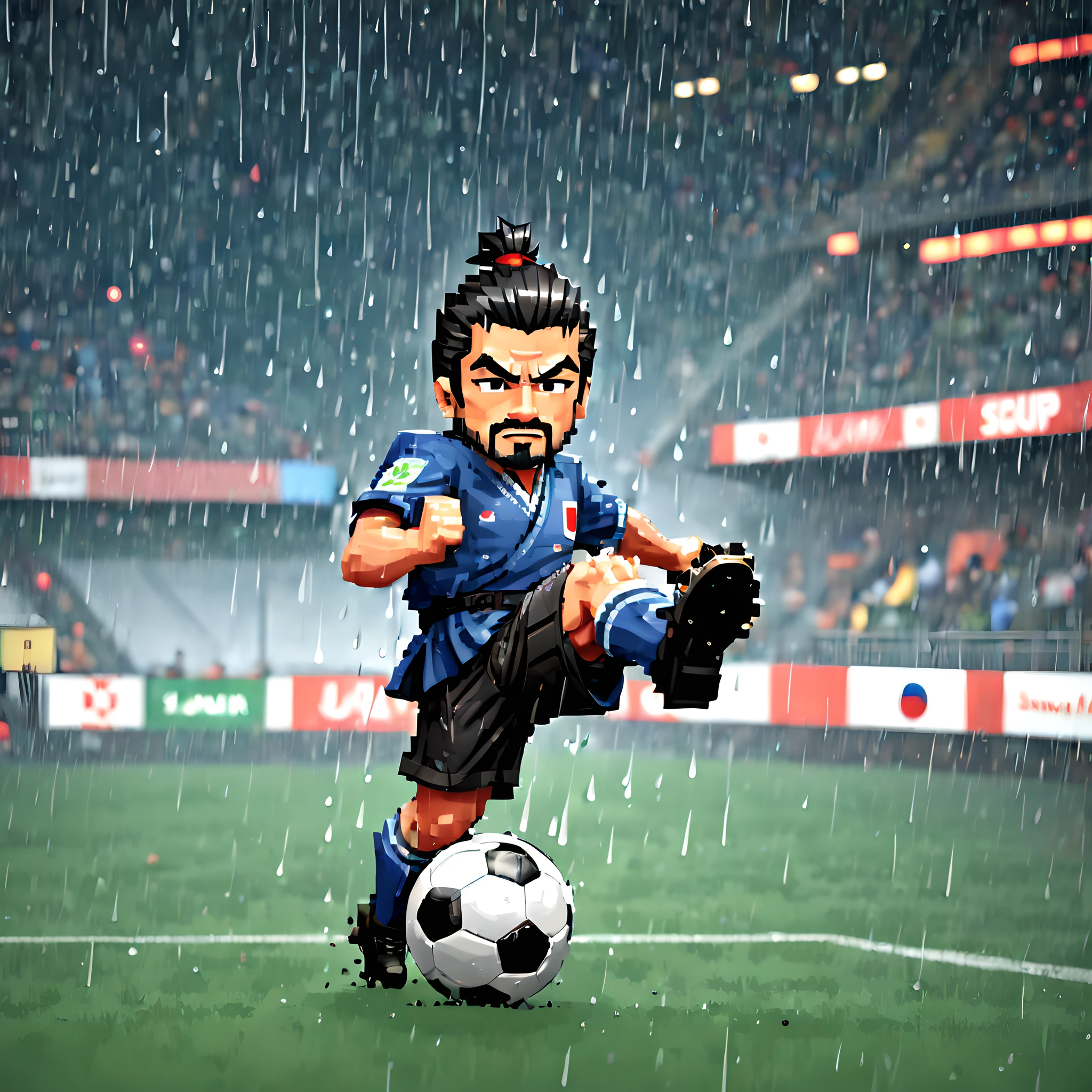 (Pixel art:1.5), (pixel theme:1.5), (chibi emote:1.5), (chibi character:1.5), (japanese game character:1.5), (fantasy:1.5), (rainy night:1.5), (heavy rain:1.5), (1japanse samurai:1.5), (Toshiro Mifune:1.5), (playing soccer:1.5), (soccer stadium:1.5), (world cup final:1.5), (kicking soceer ball:1.5),(half line:1.5),(japan:1.5), (1soccer_ball:1.5),dynamic,