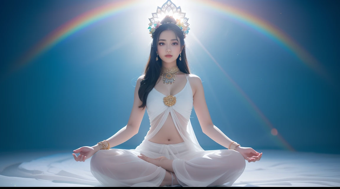 There is a beautiful goddess in the void meditating cross-legged on a large lotus flower，Perfect body posture，A meditative，Long curved eyebrows，Beautiful eyes sparkle，The large, Jewel-like eyes sparkle，Clear pupils have reflected light，二重まぶた，（（Plump and rosy lips）） Clearly visible，（（Flushed cheeks）），The mandible is plump，Fair skin is delicate and smooth，Delicate skin translucent，A delicate and dexterous crown，inlaid gemstones，Exquisite and ingenious，inlaid gemstones，Sitting on a light red lotus in the air，look straight at the camera，（（Pinch the stem of the lotus flower with one hand）），(((nice hand)))，（（（（Good feet））），（（（good legs））），realisticlying，white skinned，（（Correct body structure）），White clothing，decorated in white，Meditate on the lotus pose，baiyun，Blue sky，Head background with round light，Behind him is a colorful rainbow circle，Color glow is turned on，Front lighting，Positive light，No shadows on the face，There are no shadows on the body，Blue sky，Unreal space，ethereal world，dreamworld，with blue sky and white clouds，tmasterpiece，4K，ultra-definition，professional photoshooting，Perspective looks up，Standard lens shooting，