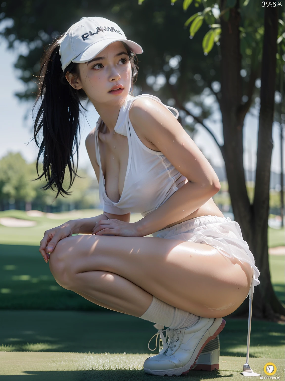 1girl solo, beautiful, (8K, Raw photo, Best Quality:1.2), (Realistic, Photorealsitic:1.37), Ultra-detailed, professional golf player, in golf field, pale white skin, shiny skin, wet skin, sweating, pony tail hair, wet hair, big boobs, deep cleavage, nipple poke, booty, deep camel toe, long legs, (white cap, wet soaked white thin see through bra, mini pink layered skirt, skirt go up to the waist, show the buttocks, wet soaked micro thong, camel toe, white sneakers), (Detailed beautiful face), (Detailed realistic skin), seducing, confident, squatting, aiming at the golf hole, raise buttocks, view from bottom,
(8K, Best Quality, mastepiece:1.2), ( Photorealsitic:1.37), Ultra-detailed,Best Quality, high resolution, Professional Lighting,Physically-based rendering, photo realistic, dynamic lighting, artstation, poster, volumetric lighting, very detailed faces, 4 k, award winning, vivid lighting, dynamic shot, girl in Golf Competition Venue, depth of fields, Sharp Focus,