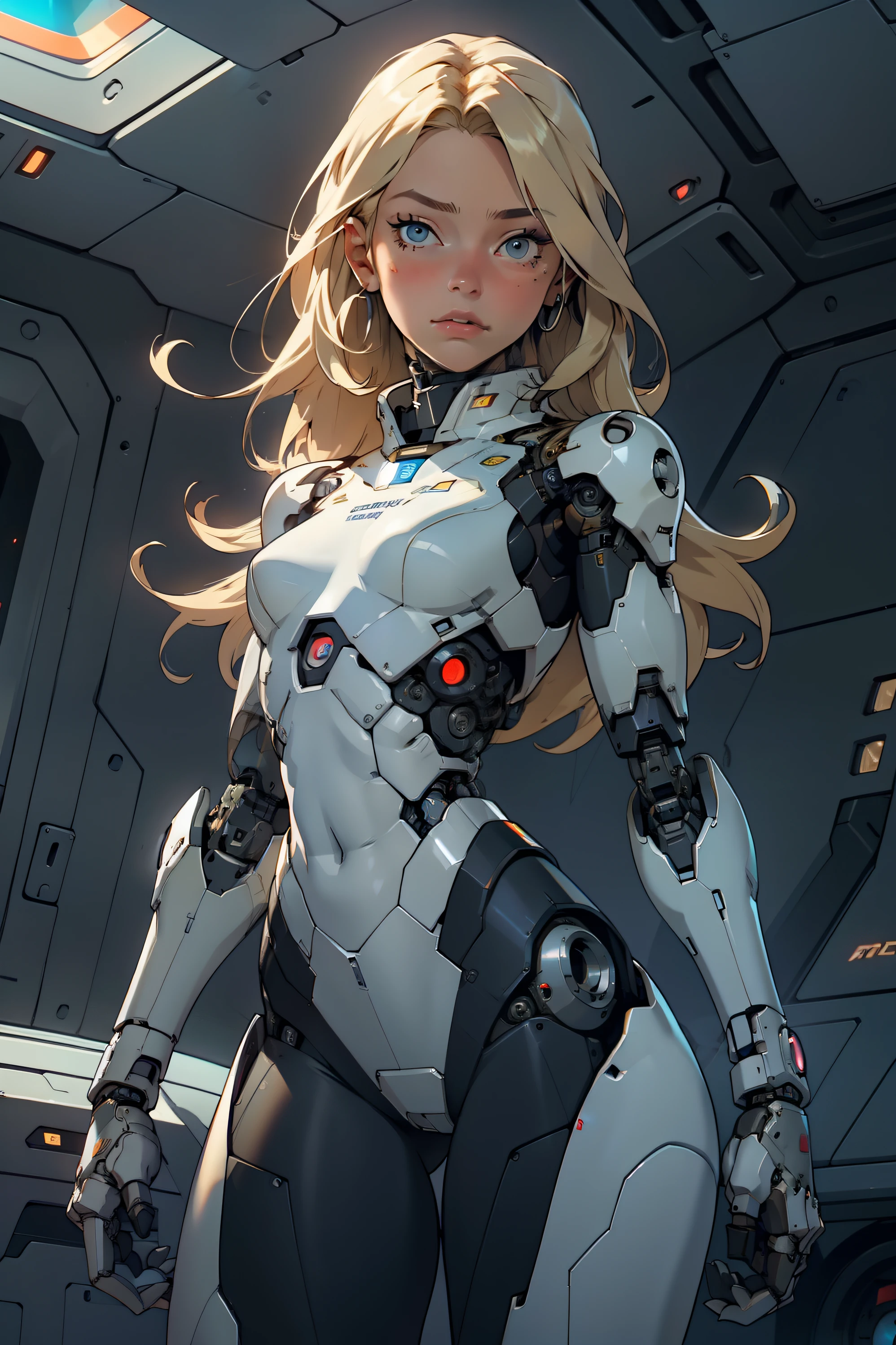 high quality, 4k, masterpiece, beautiful, cyborg girl, cowboy shot, dull eyes, looking at viewer, long blonde hair, girl, small breasts, fit thigh, robotic arms, robotic body, cyborg body, intricate detail, joint, detailed lines, robotic detail, holding fist up, holding hand up as fist, color robotic parts, robotic parts with color, perfect fingers, inside a spaceship