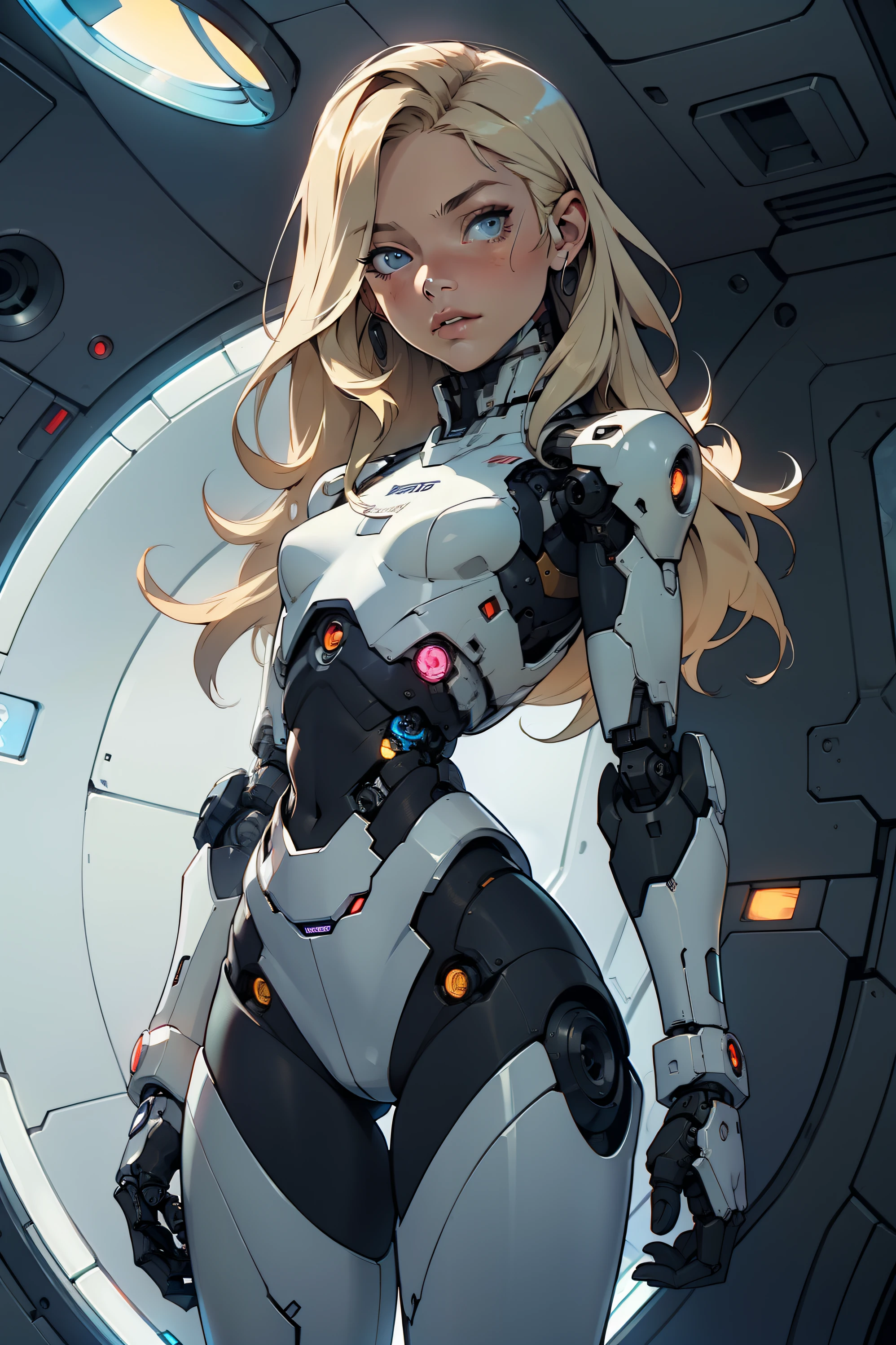 high quality, 4k, masterpiece, beautiful, cyborg girl, cowboy shot, dull eyes, looking at viewer, long blonde hair, girl, small breasts, fit thigh, robotic arms, robotic body, cyborg body, intricate detail, joint, detailed lines, robotic detail, holding fist up, holding hand up as fist, color robotic parts, robotic parts with color, perfect fingers, inside a spaceship