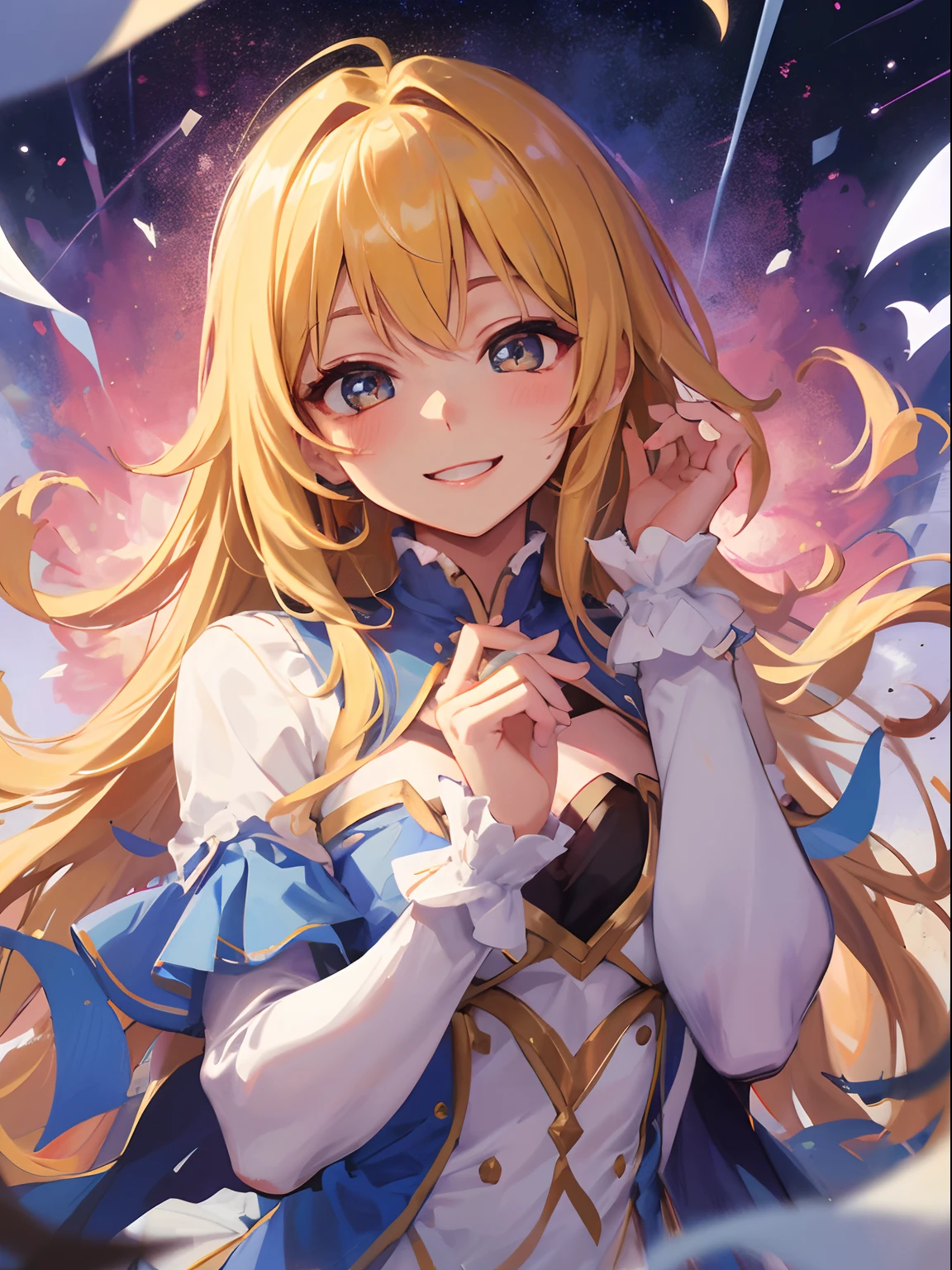 Masterpiece, girl, beautiful, pretty, sparkling, dazzling, smile, happy, perfect, volumetric hair, winded, one hand in own lips,