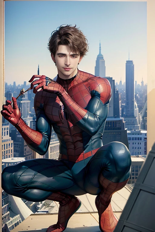 (Masterpiece, Best Quality:1.2), Solo, Male Focus, 1boy, Smiling, Looking at Viewer, Squat, Short Hair, (Ribbed Hair:1.1), Blue Eyes, Spider Suit, Spider Web Print, Spider Web, (( in the background on top of a roof in a New York building)), 32k, Ultra HD