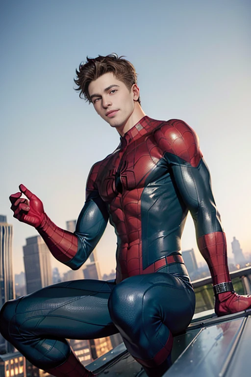 (Masterpiece, Best Quality:1.2), Solo, Male Focus, 1boy, Smiling, Looking at Viewer, Squat, Short Hair, (Ribbed Hair:1.1), Blue Eyes, Spider Suit, Spider Web Print, Spider Web, (( in the background on top of a roof in a New York building)), 32k, Ultra HD