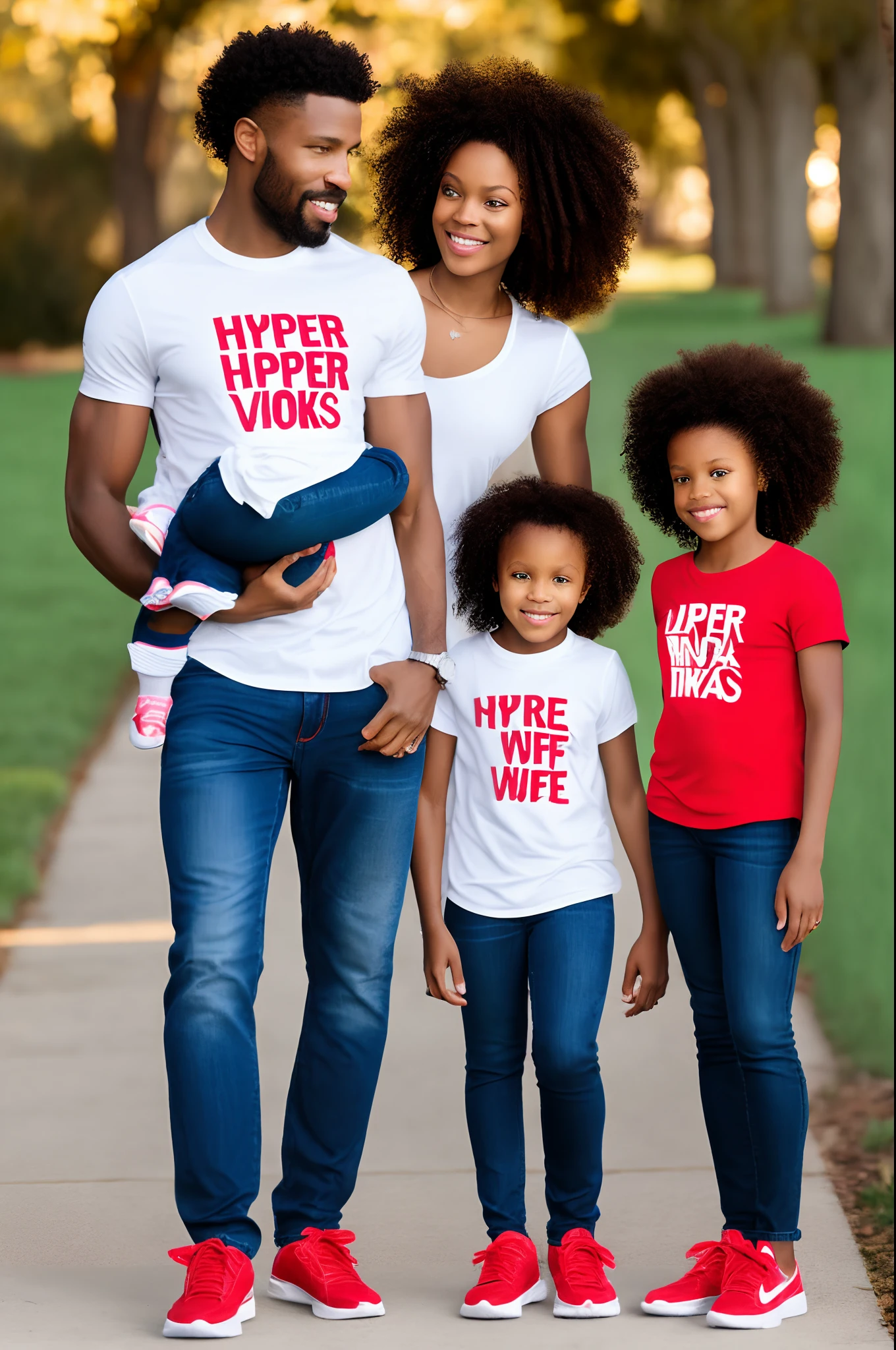 African American family (hyper realistic wife husband and little girl) wearing red and white Nikes, blue jeans, red shirts and curly hair