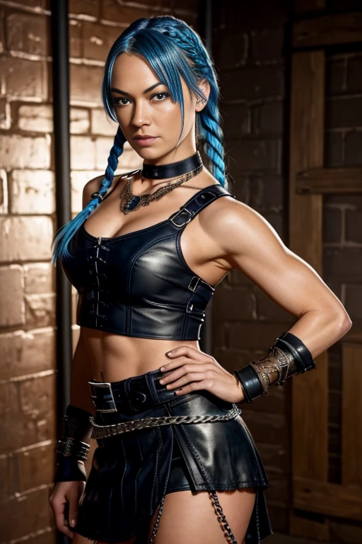 Yvonne strahovski, detailed face, as a sexy slave, with blue hair in a tight full head braid, wearing short black leather skirt and lace-up leather crop top with necklace, bracelet, belt, chains, in a dungeon at midnight