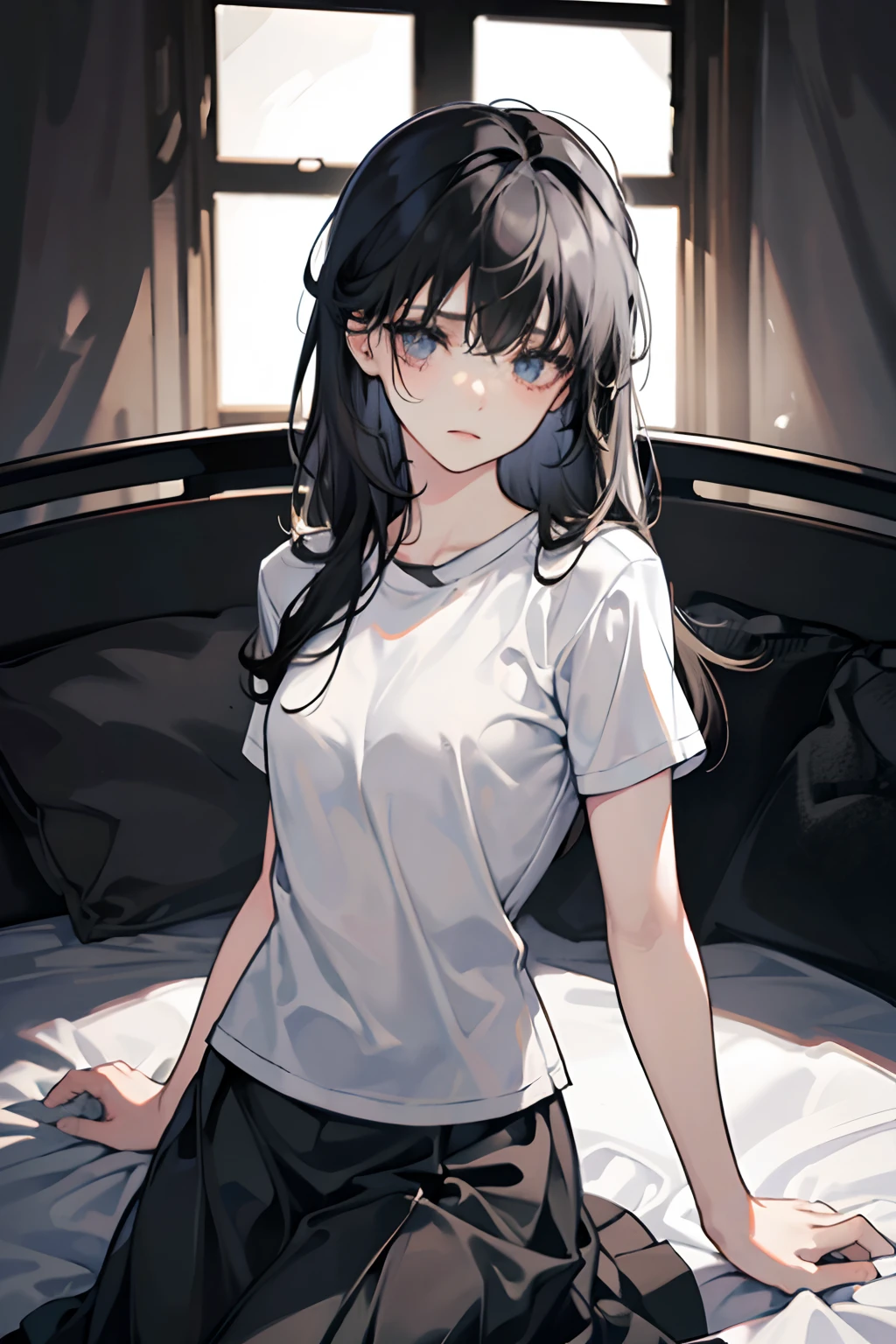 1female, age 39 face, emotionless face, long black hair with bangs, flat chest, thin body, messy room, dark apartment room with window, sitting on bed, t shirt and long skirt, bleak atmosphere, pale colors, depressing, looking at viewer, detailed eyes