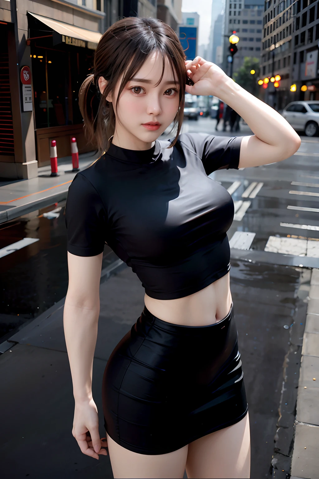 A Masterpiece：1 girl.2 Maidens，Bestquality），realistness，（Real pictures，rich details details，depth of view），（1 girl named girl，solo），MAKEUP，highdetail，perfect face shape，（：1 girl.4 pcs），（dent in the skin），Thick thighs，Wide hips，Thin waist，the high，coral，red lips，red eyes，ponytail（The girl，Shallow tulle，Tulle transparent），（the sweat：1 girl.2 Maidens），（WET），sex appeal，blushing，（A shy expression），Yellow petal clothes，suspenders，tanktop，short  miko skirt， short pants，yoga pants，Tight skirt，tight shorts，silk stockings，fishnet legwear，night wear，Pleated skirt，Skirt，wrap skirt，