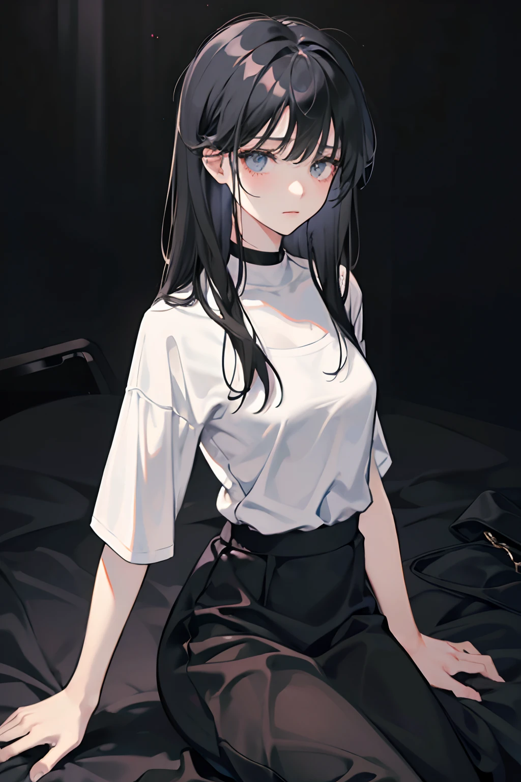 1 girl, long black hair with bangs, calm, t shirt and long skirt, sad, depressing, nighttime, bleak colors, black and white colors, small breasts