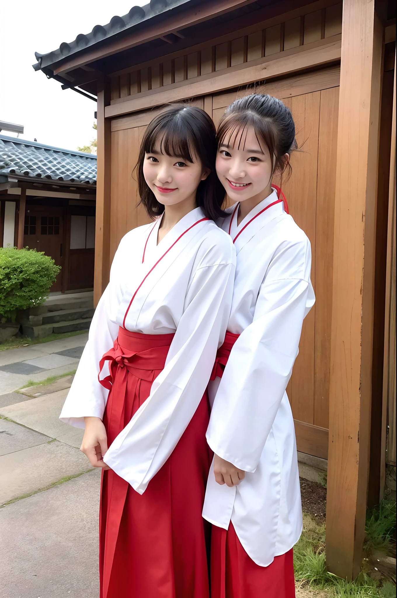 2 girls standing in old-Japanese street,white hakama top,red hakama bottom,18-year-old,bangs,a little smile,short hair and low pigtails with red ribbon bow,from before,front light