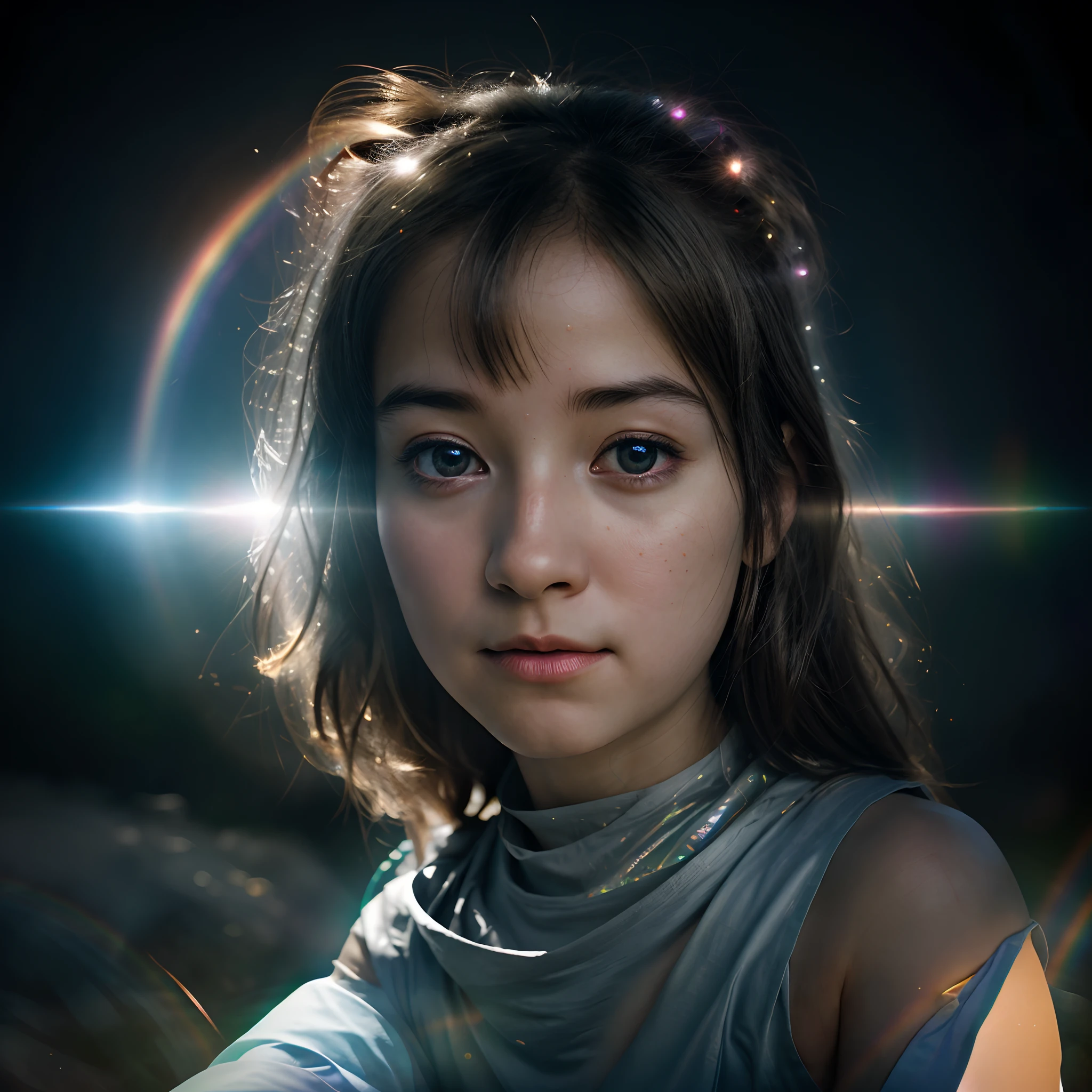ultra realistic sitting meditation girl attained enlightenment , pillar of light, glowing rainbow aura, with interstellar background and lot of miraculous light aura, super realistic photo, ultra detail micro expression