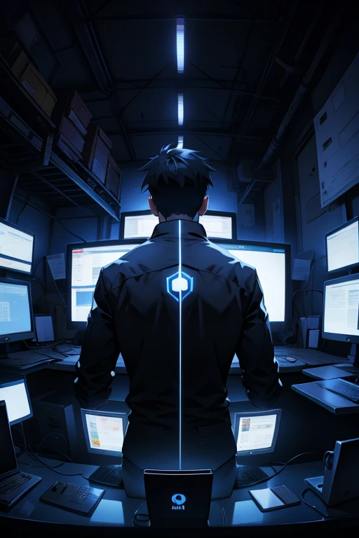 Hacker man,backs,illustratio,Multiple monitors,Dark indoor,solo person,
