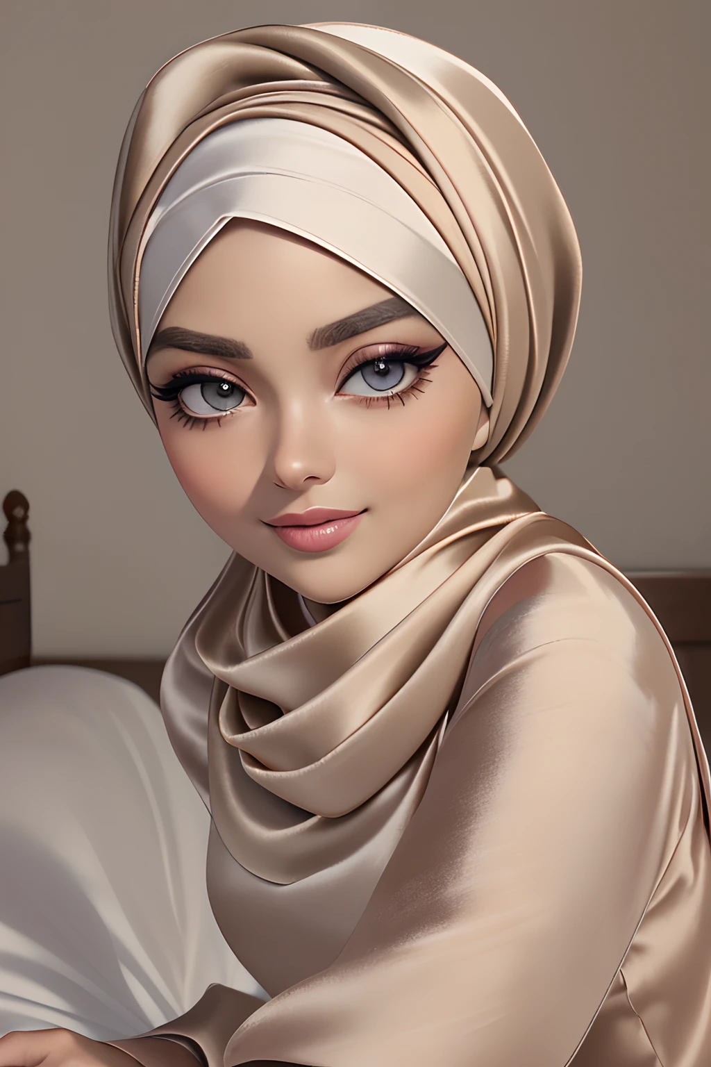(Masterpiece, realistic, best quality, best lighting, 1 girl photo solo, beautifully makeup, eyeshadow, Parted Lips, Detailed Eyes, beautiful big eyes, long eye lashes, smile, wearing ((Taupe satin headscarf)), loosely tide hijab style, ((Taupe satin shirt)), satin long pants, sleeping on a bed