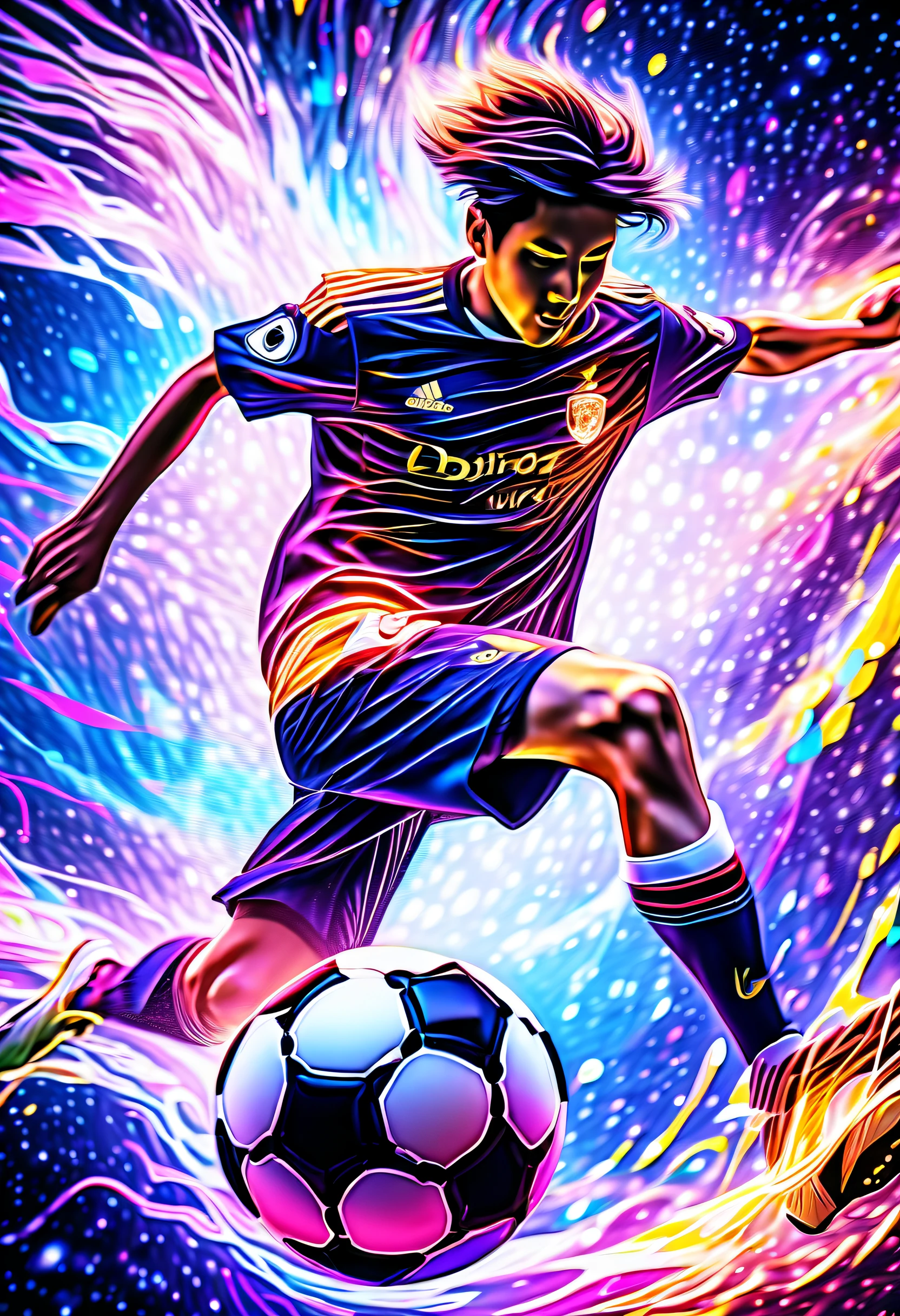 (single Play soccer intricate detail in the universe soccer ground illustration:1.3))), cinematic angle, (holographic style illusion of intricate detail:1.2), stunning fiber optic light painting and alcohol ink masterpiece, (dark flower and flame harmony:1.3), exudes an air of obscura enchantment, breathtaking beauty, (((amazed incredible realism:1.1))), realistic expertly crafted, intricate details and flawless quality, true work of art, ultimate in quality and resolution, high contrast sophistication masterpiece, (stunningly detailed paintwork:1.3), ((delicate intricate paint strokes:1.2)), ultra-realistic detail, (((depth and dimension to this masterpiece:1.3))), stunning extremely insane detail, (((masterful brushstrokes:1.3))),