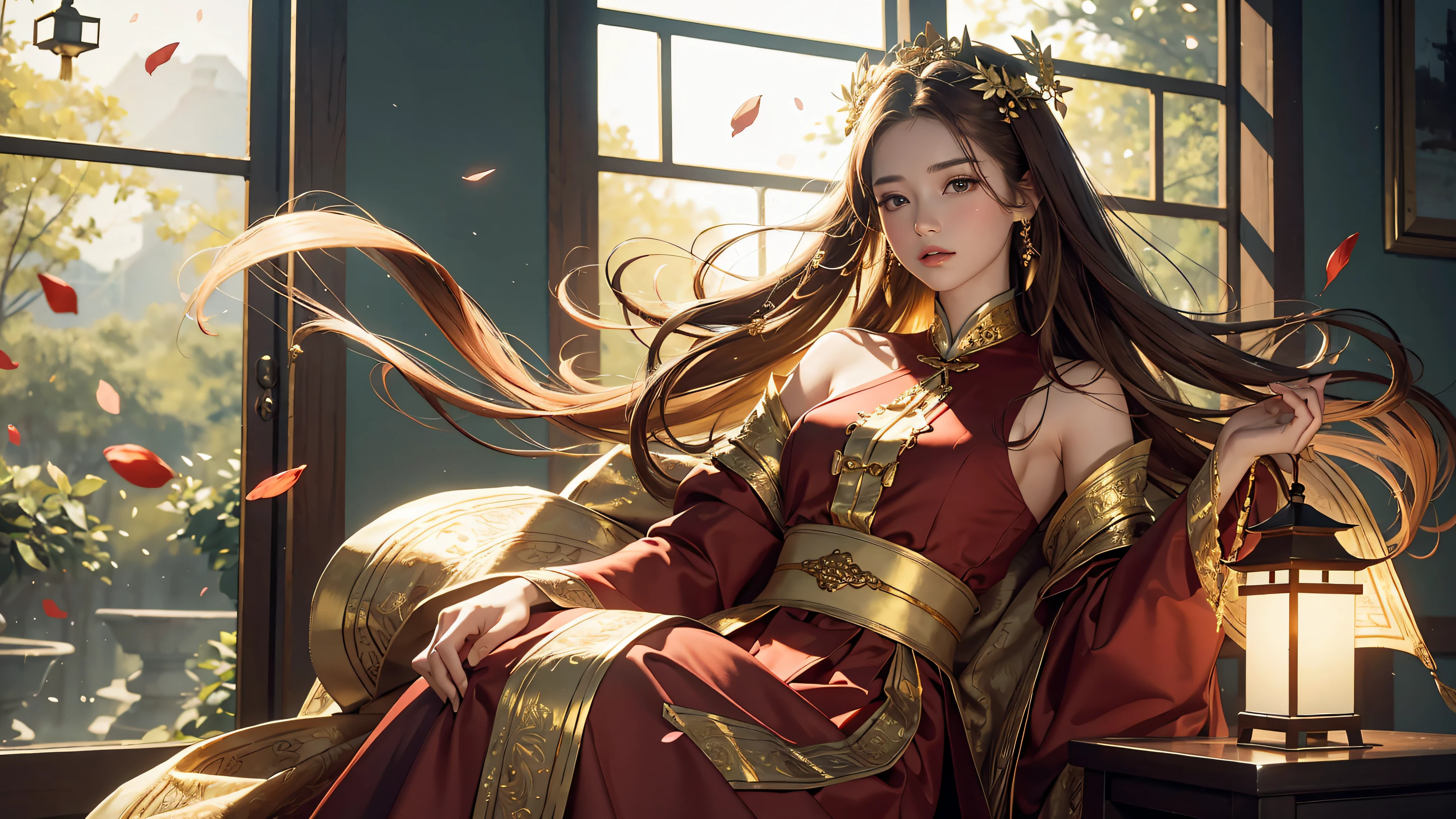 best quality, masterpiece, highres, (exquisite body:1.5),gorgeous face,(milky skin:1.3),intricate details,high resolution,wallpaper,
1girl, solo, dress, hair ornament, (((gold and red dress))), flowers, long hair, brown hair, closed mouth, jewelry, long sleeves, hand up, wide sleeves, big eyes,floating hair, chinese clothes, hanfu, embroidery, long skirt, natural pose, falling petals, indoor,fanning, lantern,
16K,HDR,highres,depth field,(film grain:1.1),boken,golden hour,(lens flare),vignette,rainbowing,(color grading:1.5)
