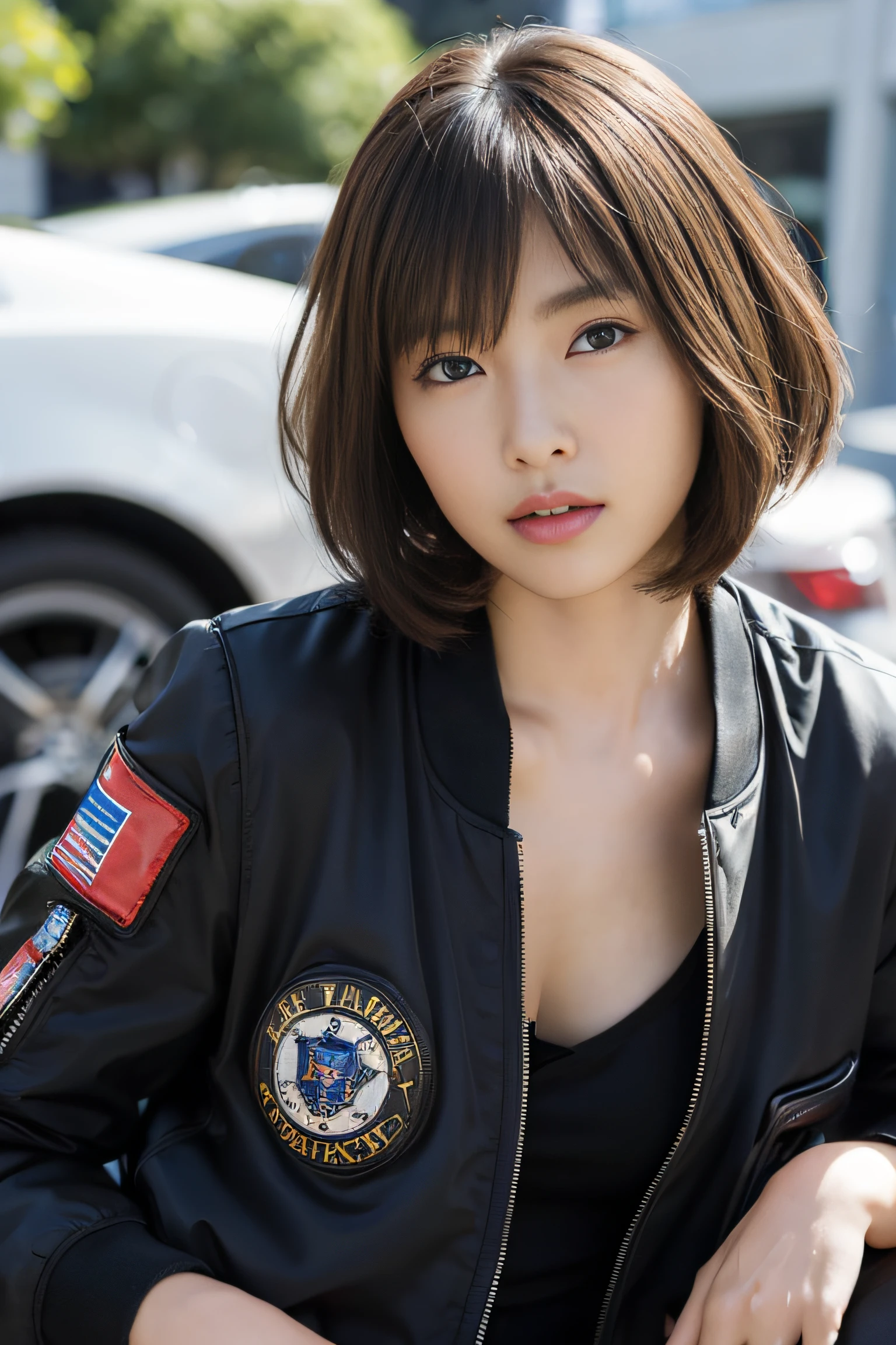 (masterpiece:1.2), ultra detailed, ultra high res, (realistic, photo realistic:1.37), high detail RAW color photo, professional photograph, extremely detailed face, extremely detailed eyes, extremely detailed skin, extremely detailed fingers, highly detailed nose, highly detail mouth, Perfect Anatomy, Highly detailed background, (a famous actress of Japan), (gals:1.3), (flat chest:1.4), brown race, dark skin, blonds hair, very shortcut hair, futuristic technology background, (future war vehicle in the background), (wearing black air bomber jacket with many patches, t-shirt with less cloth, cargo pants:1.2), any pose,