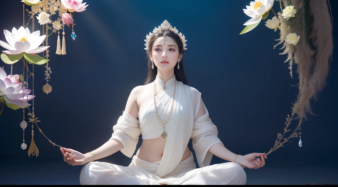 There is a beautiful goddess in the void meditating cross-legged on a large lotus flower，Perfect body posture，A meditative，Long curved eyebrows，Beautiful eyes sparkle，The large, Jewel-like eyes sparkle，Clear pupils have reflected light，二重まぶた，（（Plump and rosy lips）） Clearly visible，（（Flushed cheeks）），The mandible is plump，Fair skin is delicate and smooth，Delicate skin translucent，A delicate and dexterous crown，inlaid gemstones，Exquisite and ingenious，inlaid gemstones，Sitting on a light red lotus in the air，look straight at the camera，（（Pinch the stem of the lotus flower with one hand）），(((nice hand)))，（（（（Good feet））），（（（good legs））），realisticlying，white skinned，（（Correct body structure）），White clothing，decorated in white，Meditate on the lotus pose，baiyun，Blue sky，Head background with round light，Behind him is a colorful rainbow circle，Color glow is turned on，Front lighting，Positive light，No shadows on the face，There are no shadows on the body，Blue sky，Unreal space，ethereal world，dreamworld，with blue sky and white clouds，tmasterpiece，4K，ultra-definition，professional photoshooting，Perspective looks up，Standard lens shooting，