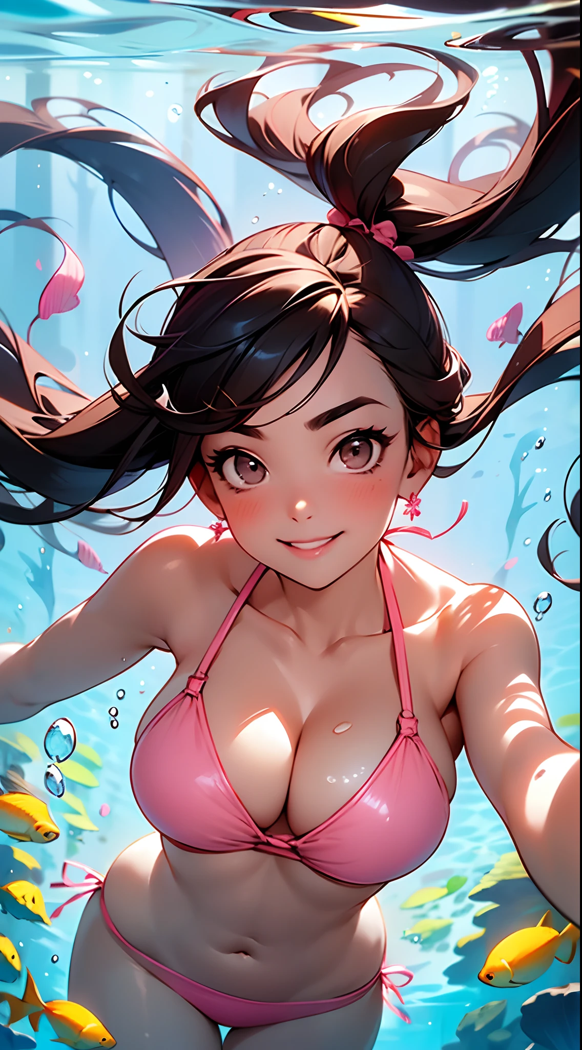 foreshortening, depth of field, masterpiece, best quality, 1girl, black hair, brown eyes, gentle eyebrows, persian girl, long hair, olive skin , ((underwater)), air bubble, solo, looking at viewer,( floral pink white bikini), ((swimming)), dappled sunlight, gentle smile, big breasts , cleavage