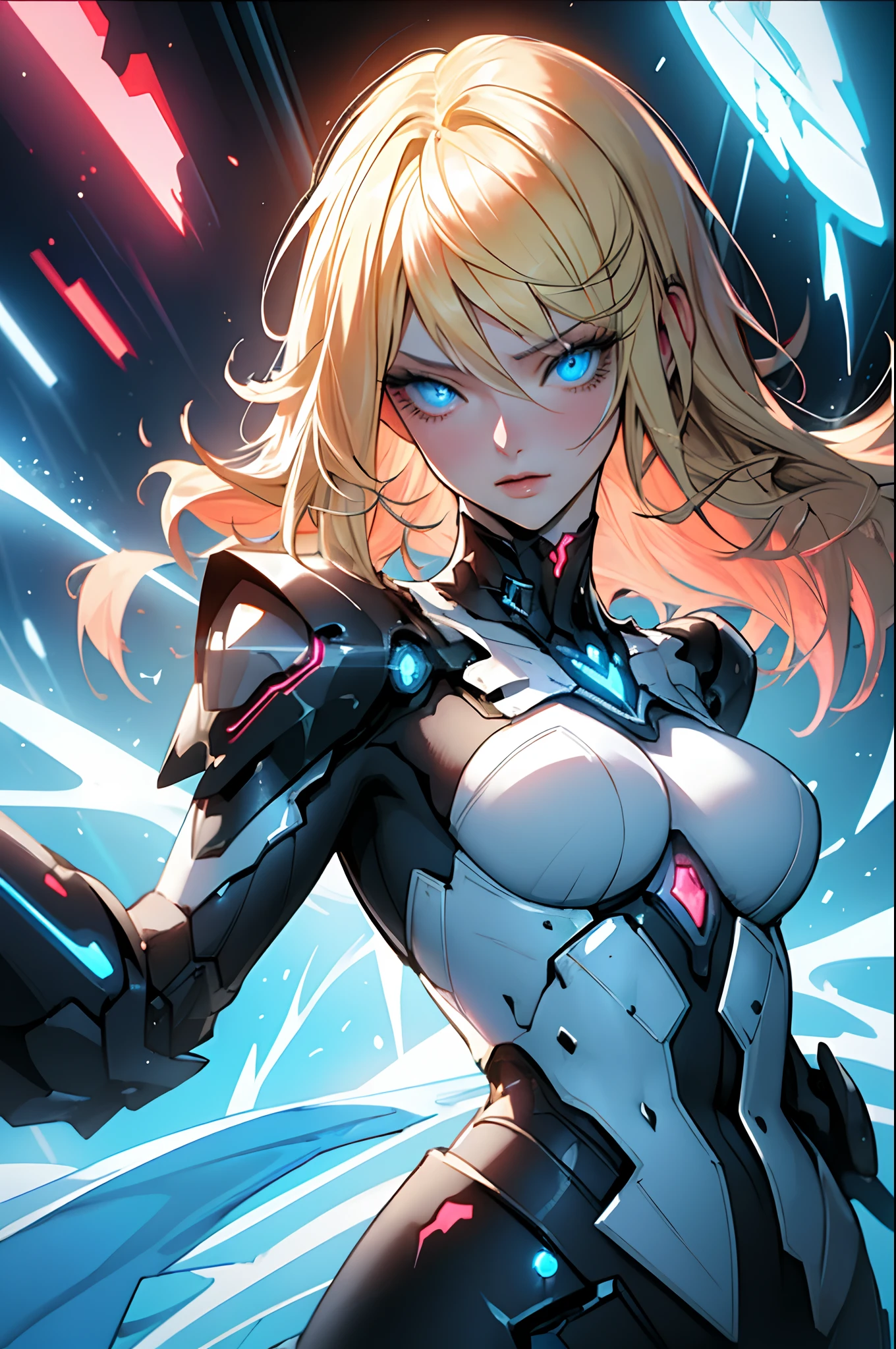 (masterpiece, best quality), 1lady, solo, masterpiece, blonde hair, blue eyes, artstation, dynamic, charming, magical, unreal engine, fantastically beautiful, illustration, dramatic lighting, rave background, neon glow, maximalist