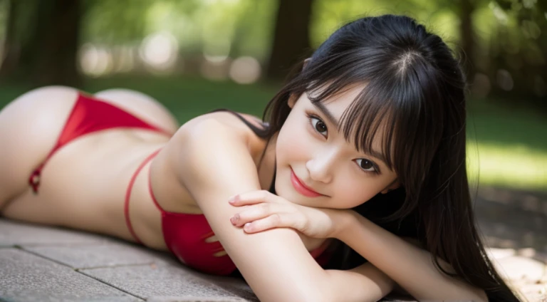 1girl, (solo:1.5),masterpiece, best quality, 8K, high res, highly detailed girl, highly detailed beautiful face, beautiful skin, realistic, dutch angle, (face focus), upper body, (ideal ratio body proportions:1.4), shiny skin, smile, shiny red micro bikini, black hairl, long hair, (lying:1.5), (on side), red ribbon, outdoor, depth of field, refreshing