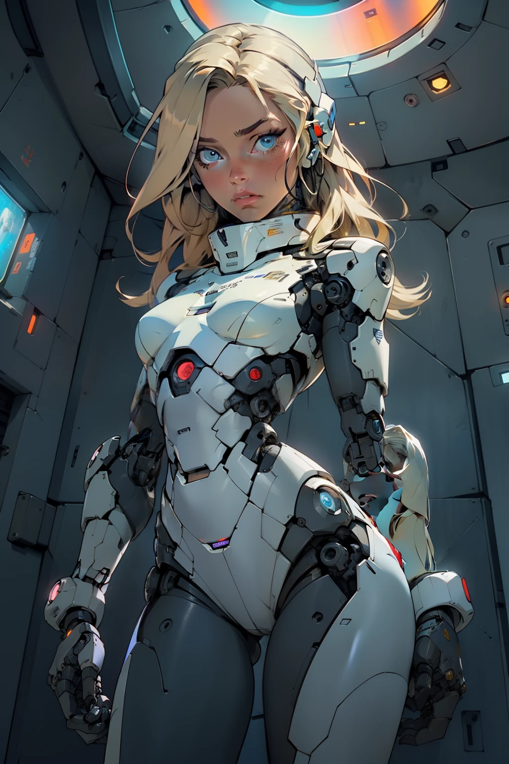 high quality, 4k, masterpiece, beautiful, cyborg girl, cowboy shot, dull eyes, looking at viewer, long blonde hair, girl, small breasts, thick thigh, robotic arms, robotic body, cyborg body, intricate detail, joint, detailed lines, robotic detail, holding fist up, holding hand up as fist, color robotic parts, robotic parts with color, perfect fingers, background is a port hole of a spaceship