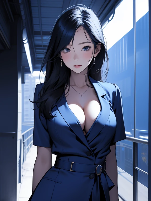 blue colors, scenecy, No Man, The landscape, (tmasterpiece,best qualtiy:1.4), Blue Themes, 城市, eventide, 1girll, Sateen, cowboy lens, closeup cleavage,