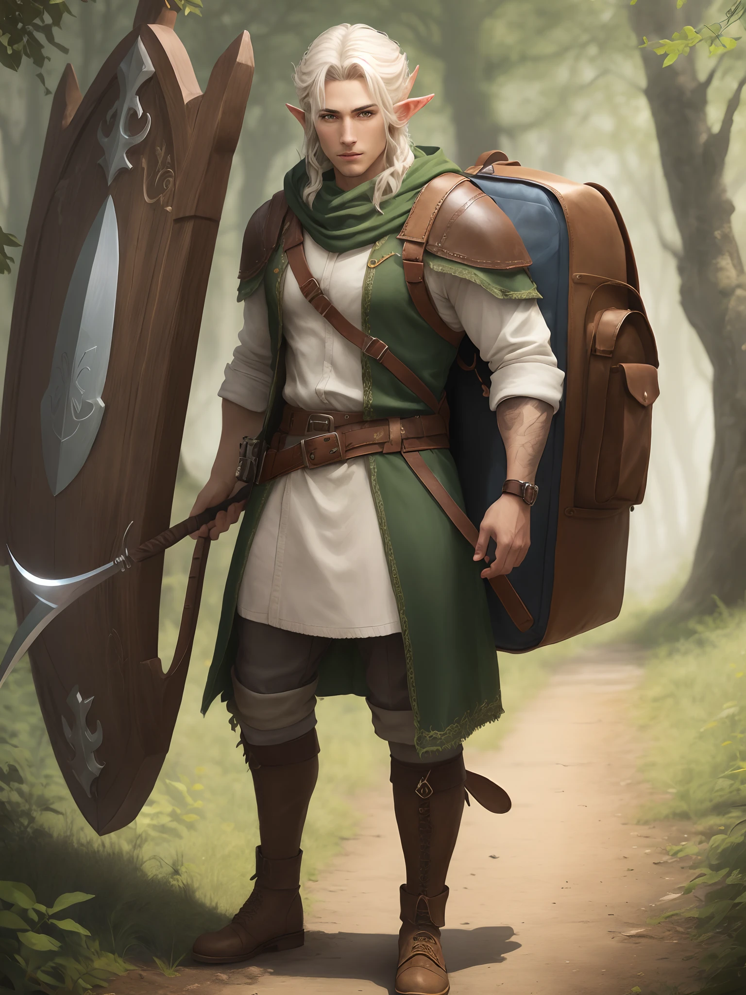 Male Elf Druid with a sickle, wooden shield and a leather backpack