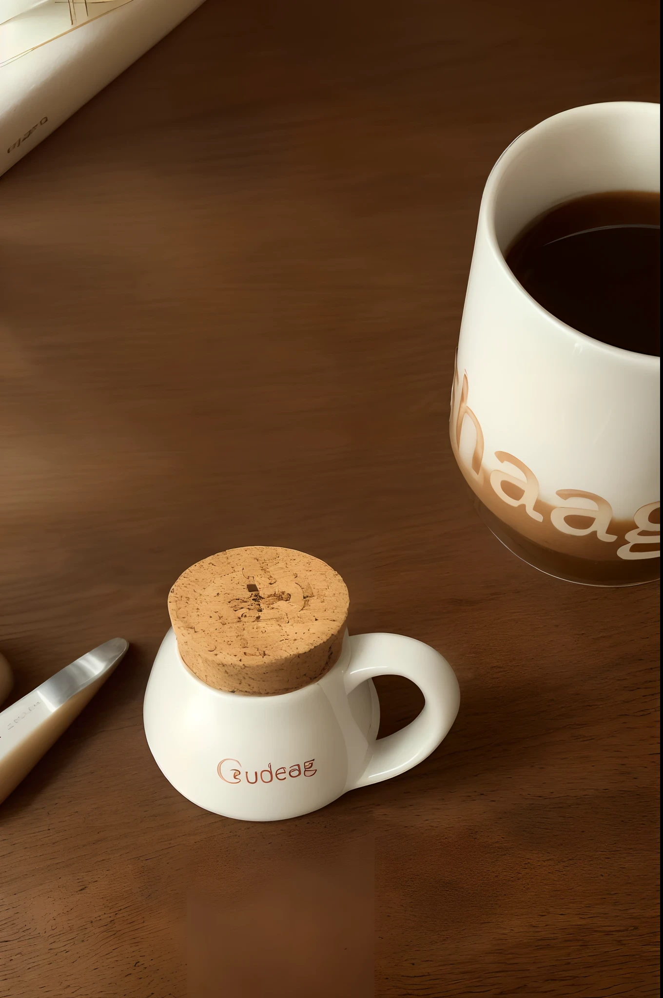 There was a cup of coffee and a cork coaster on the table, Inspired by Hans Goode, Product photo, Inspired by Mugul, close-up product photo, with a white mug, stunning images, rendering, kawa, with text, Outstanding detail, inspired by Hendrik Gerritsz Pot, high angle close up shot, product design shot, high quality product photo